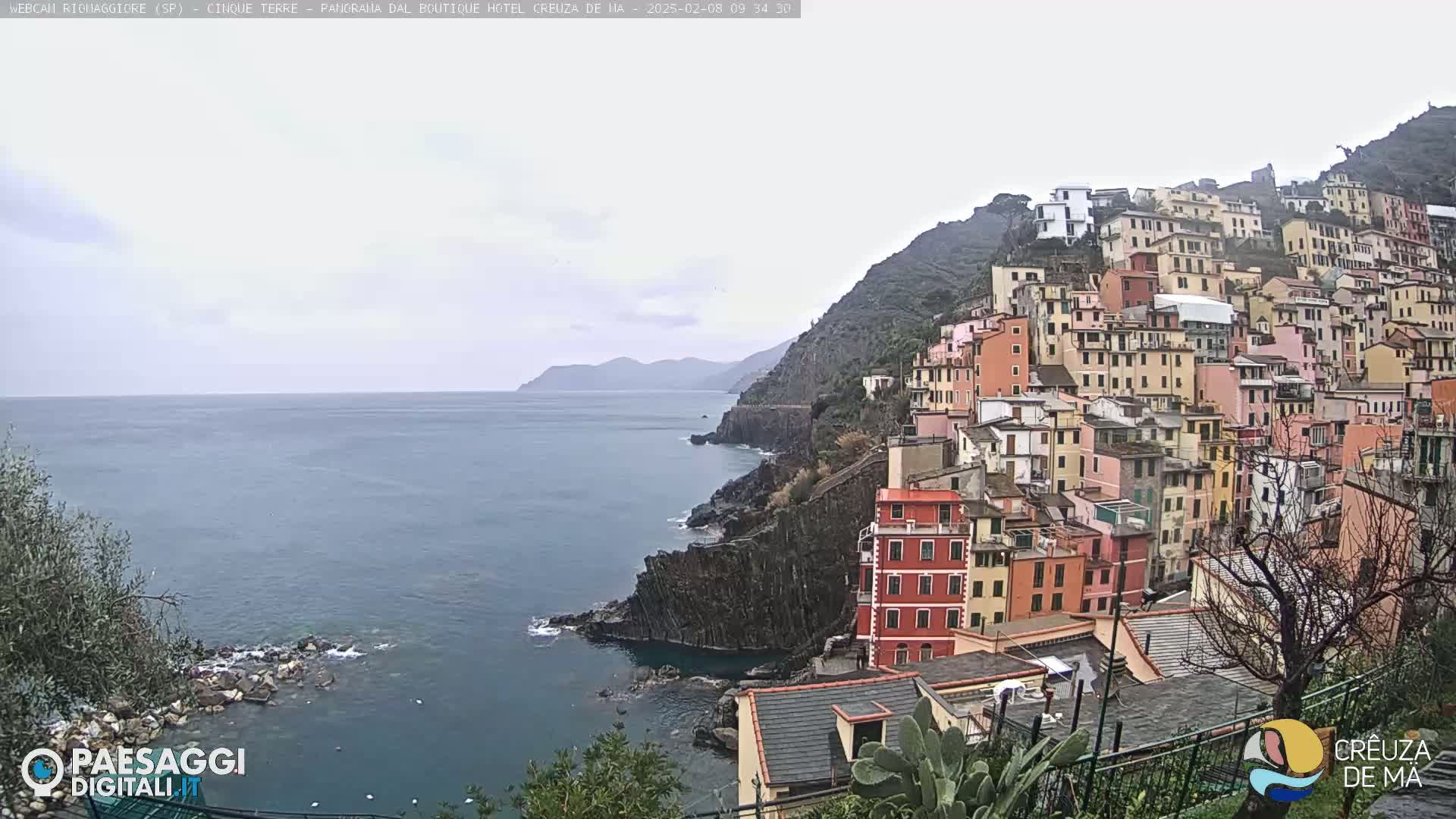 A coastal village of colorful buildings clings to a steep hillside overlooking a calm, overcast sea.