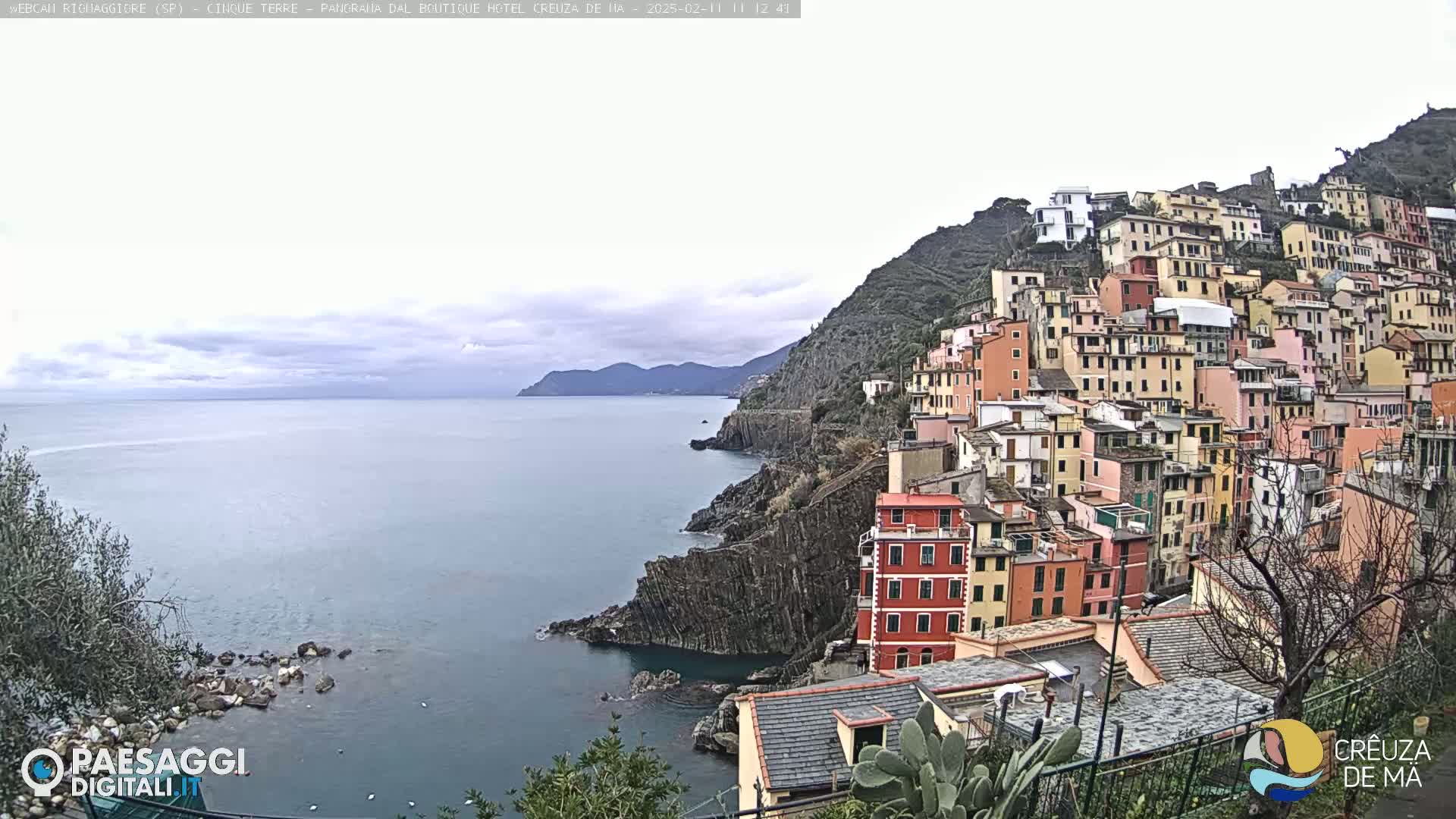 A coastal village of colorful buildings clinging to a steep hillside overlooks a calm sea under a cloudy sky.