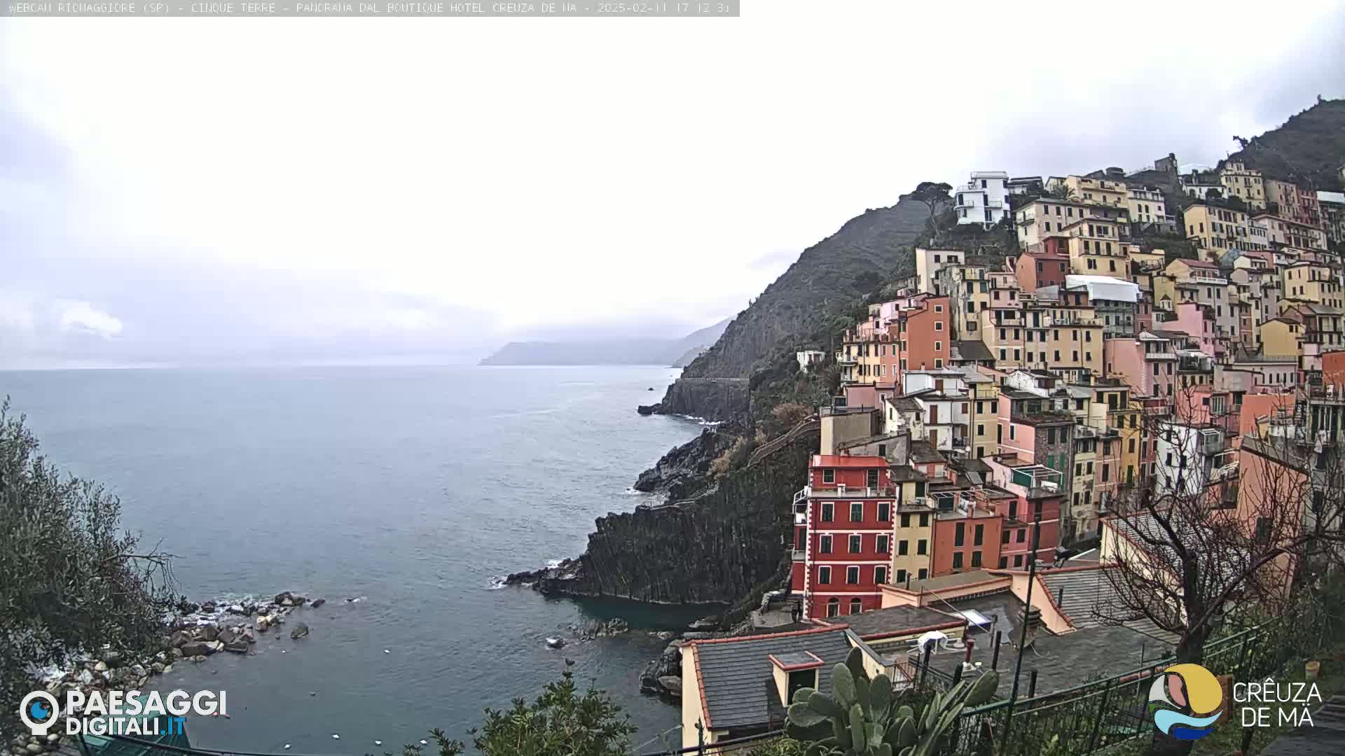 A coastal village of colorful buildings climbs a steep hillside overlooking a calm, gray sea under an overcast sky.