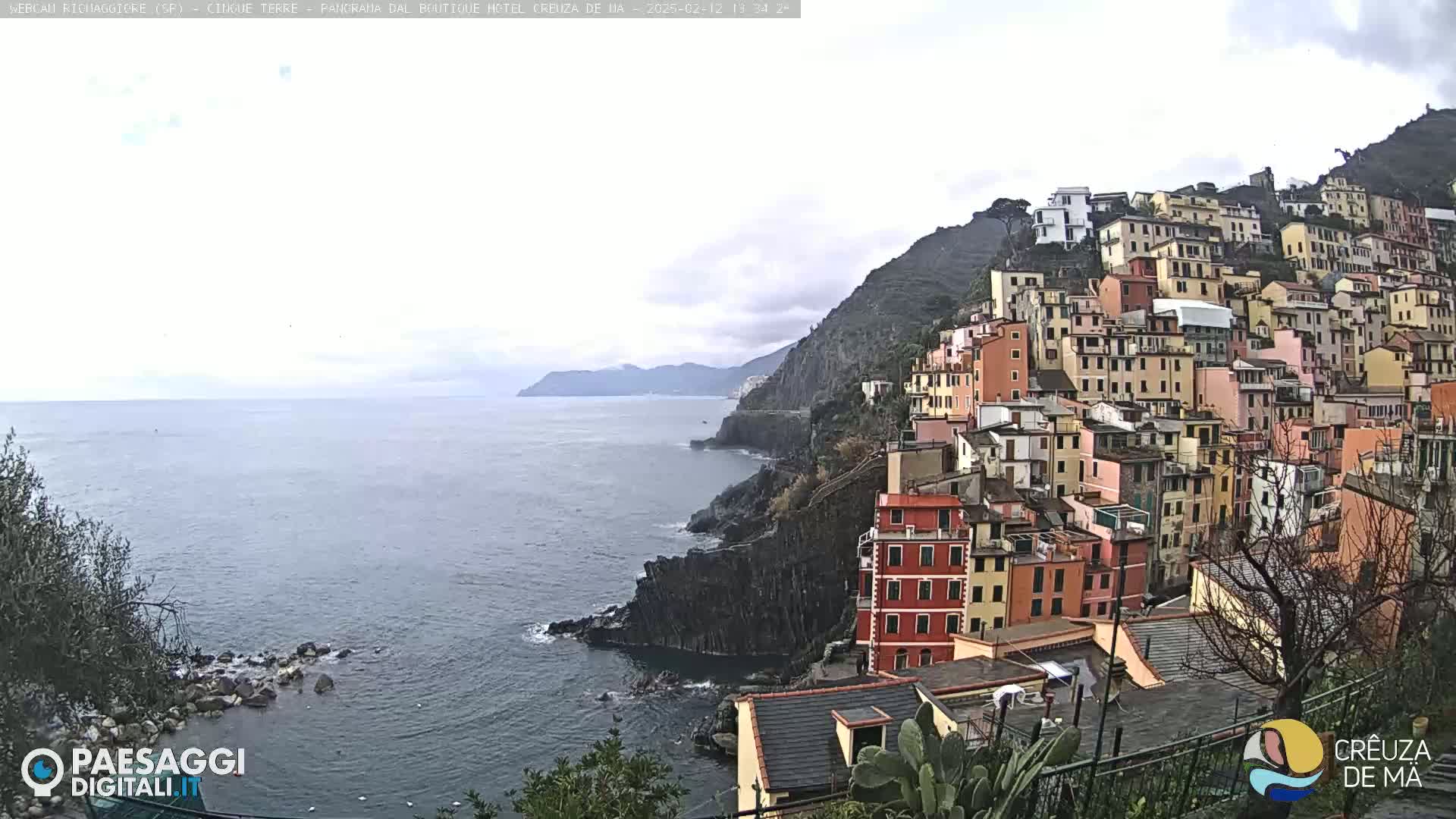 A coastal town with colorful buildings stacked on a steep hillside overlooks a calm sea under an overcast sky.