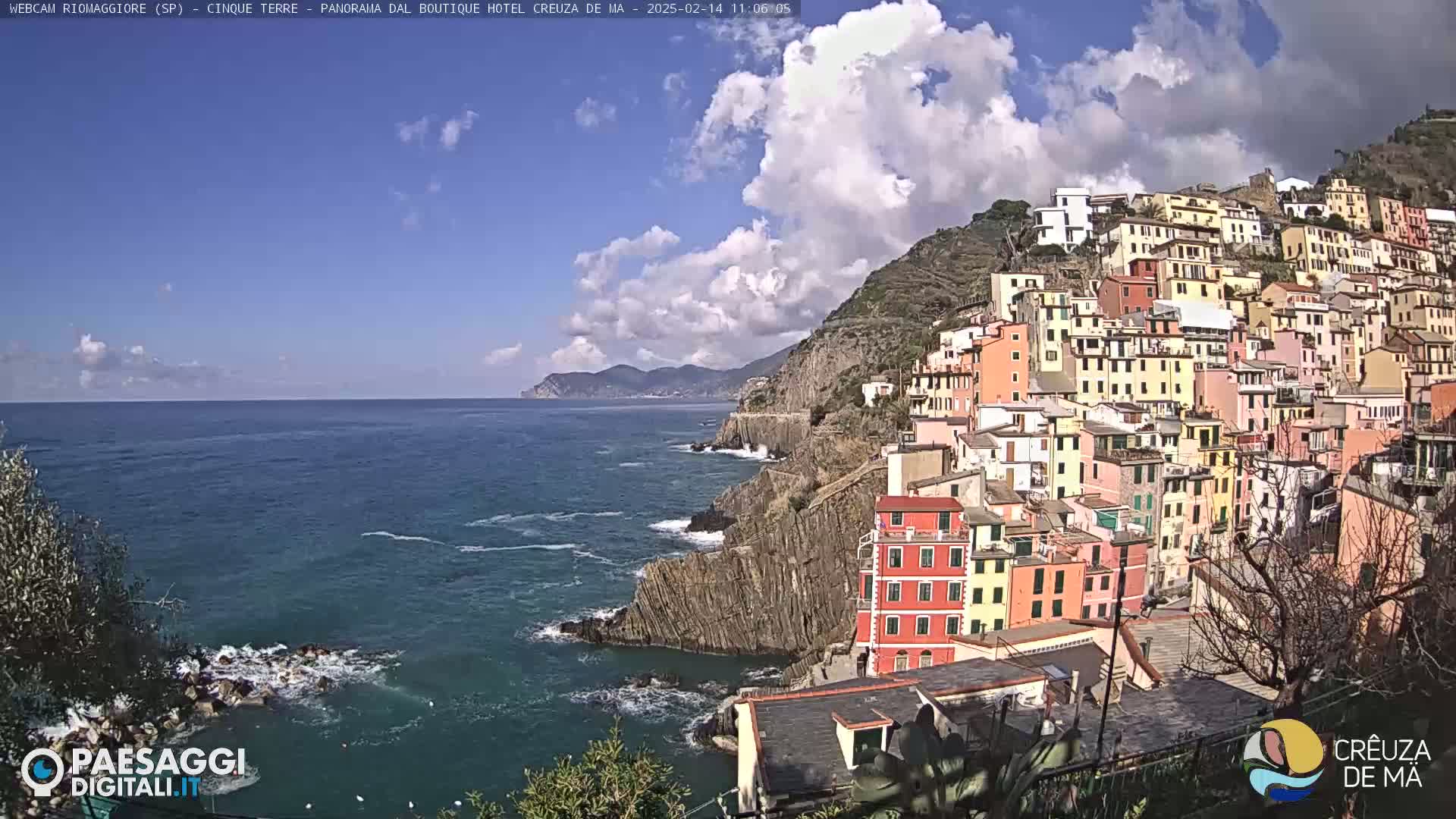A colorful hillside village clings to a rocky coastline overlooking a partly cloudy blue sea.
