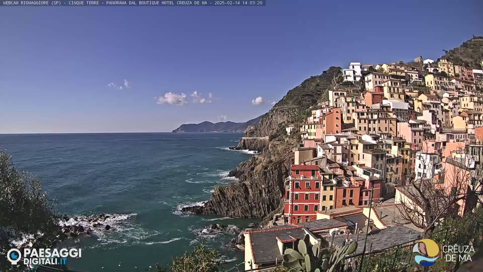 A colorful village clings to a steep cliffside overlooking a dark blue sea under a mostly sunny sky with a few clouds.