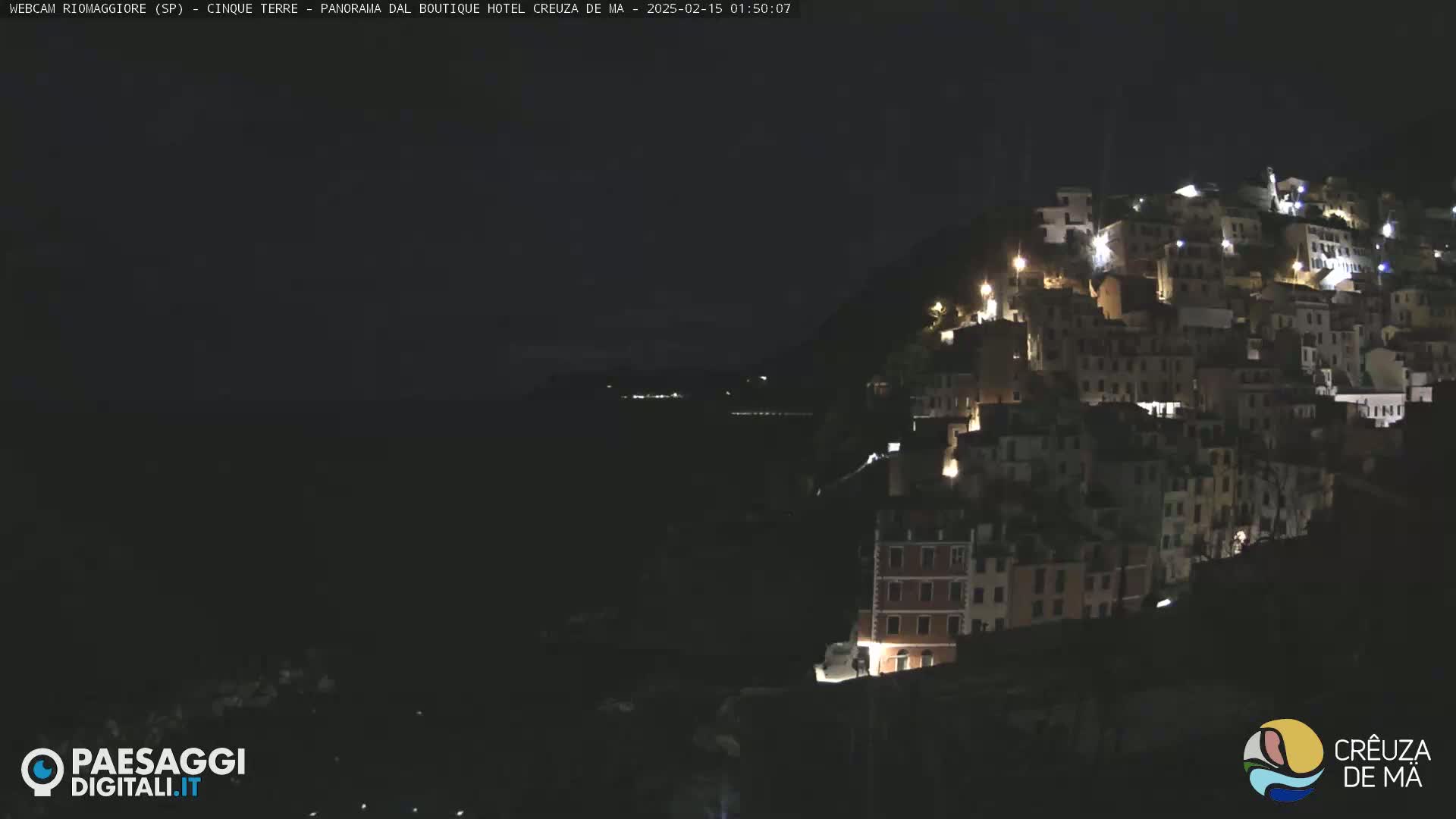 A nighttime view of a coastal town illuminated by lights, nestled on a hillside overlooking dark water.