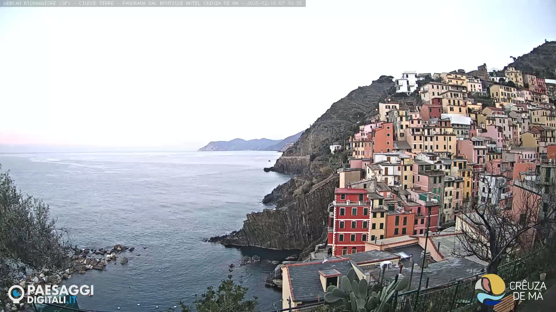 A coastal town with colorful buildings clustered on a steep hillside overlooks a calm sea under a pale sky.