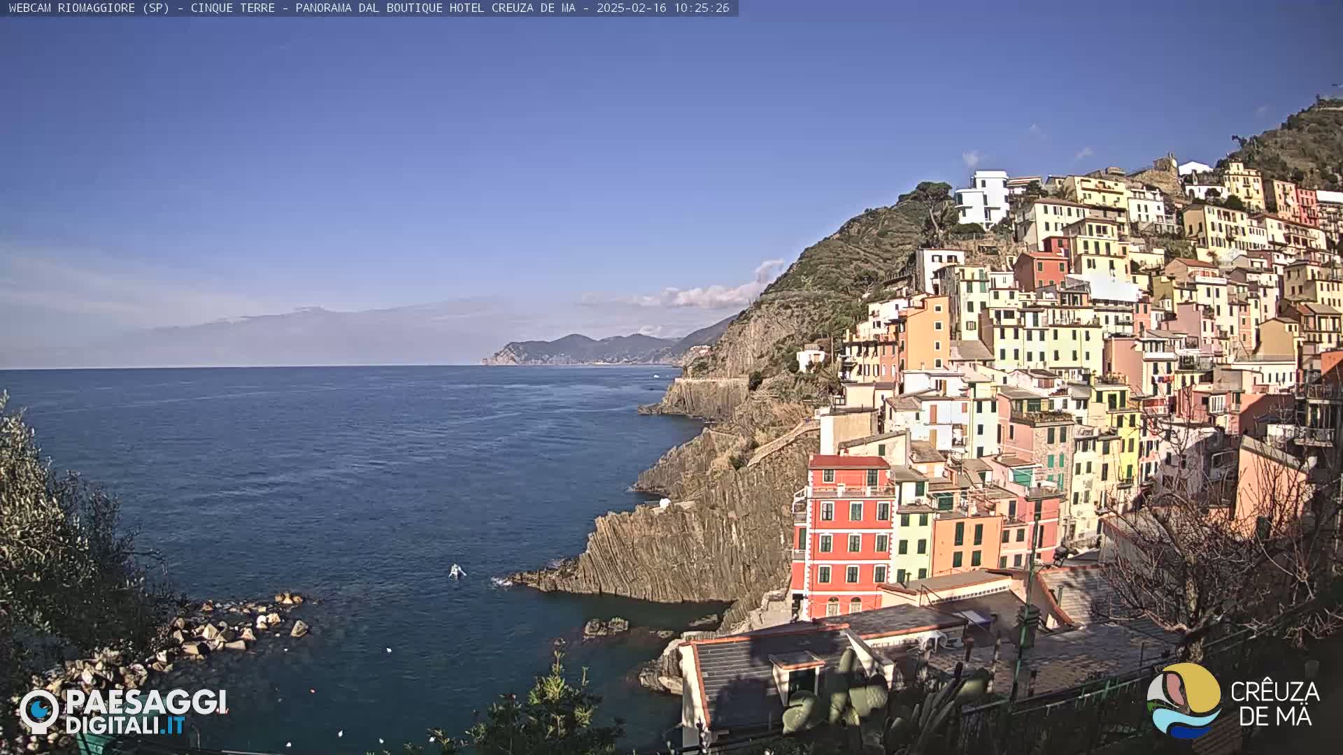 A colorful village clings to a steep cliffside overlooking a calm, blue sea under a mostly clear sky.