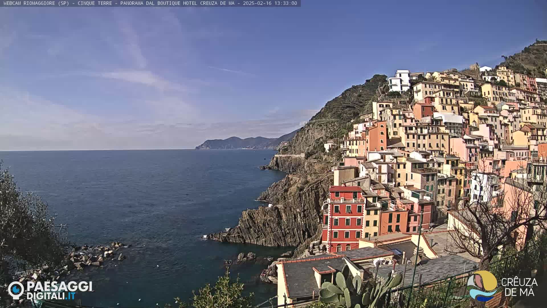 A colorful village clings to a steep, rocky hillside overlooking a calm blue sea under a clear blue sky.