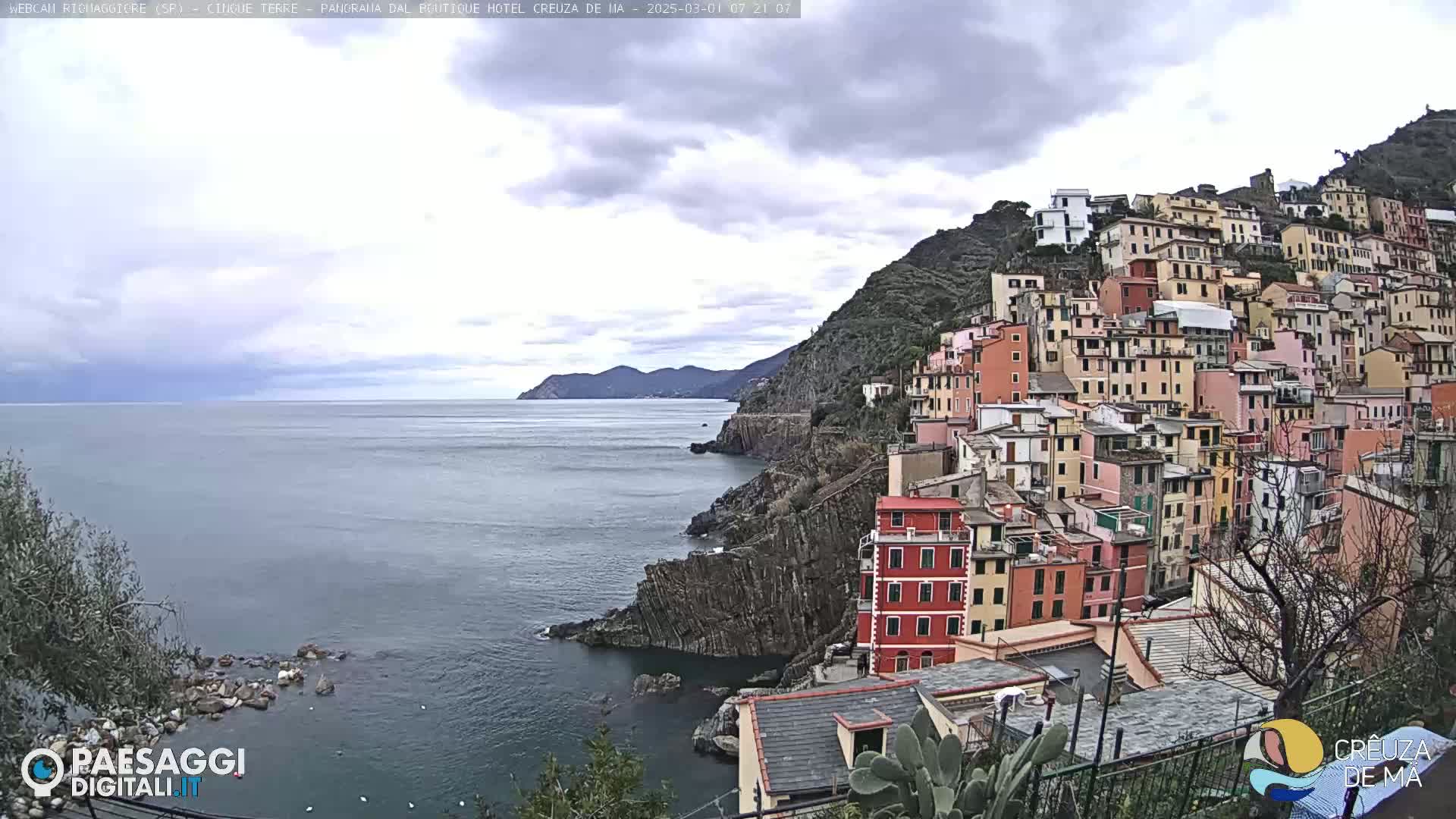 A coastal village of colorful buildings clings to a steep hillside overlooking a calm sea under a mostly cloudy sky.