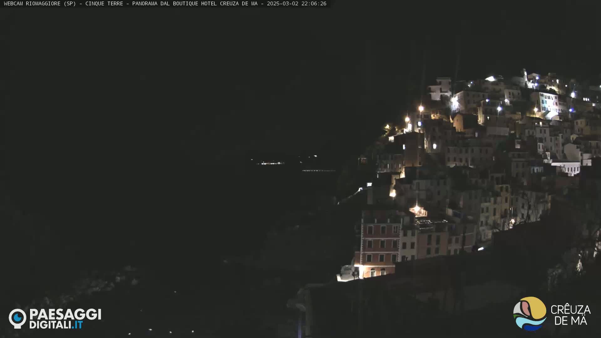 A nighttime view of a brightly lit town nestled on a hillside overlooking a dark body of water.