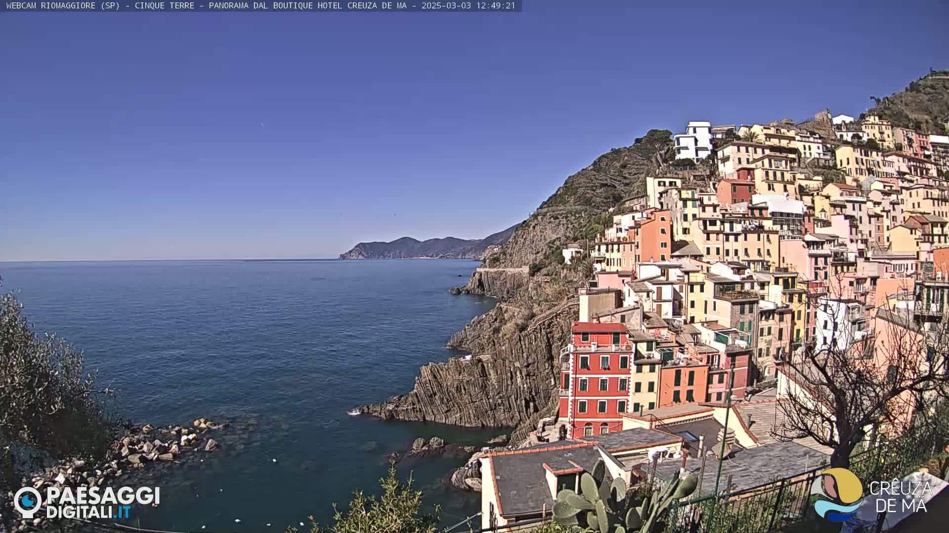 A colorful village clings to a steep, rocky hillside overlooking a calm, blue sea under a clear, sunny sky.
