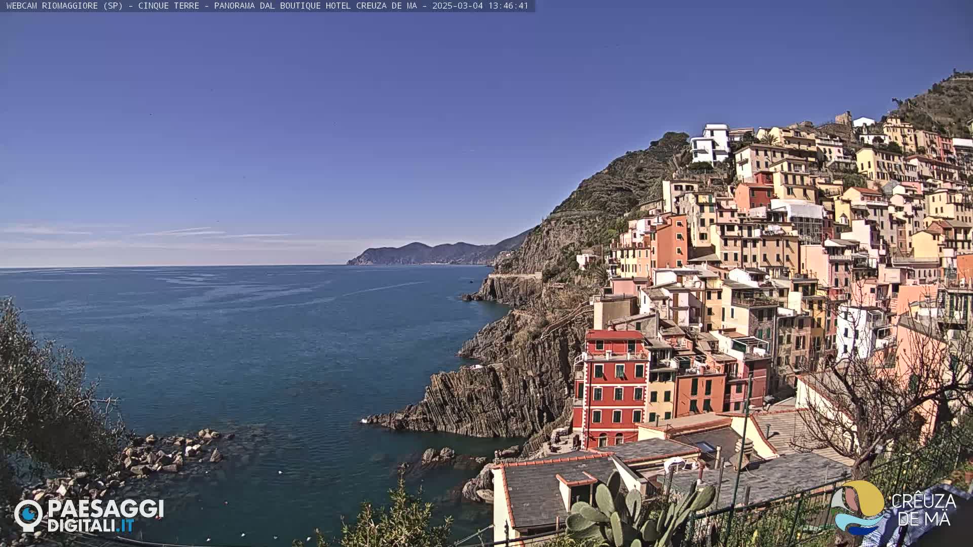 A colorful village clings to a steep cliff overlooking a calm, blue sea under a clear blue sky.