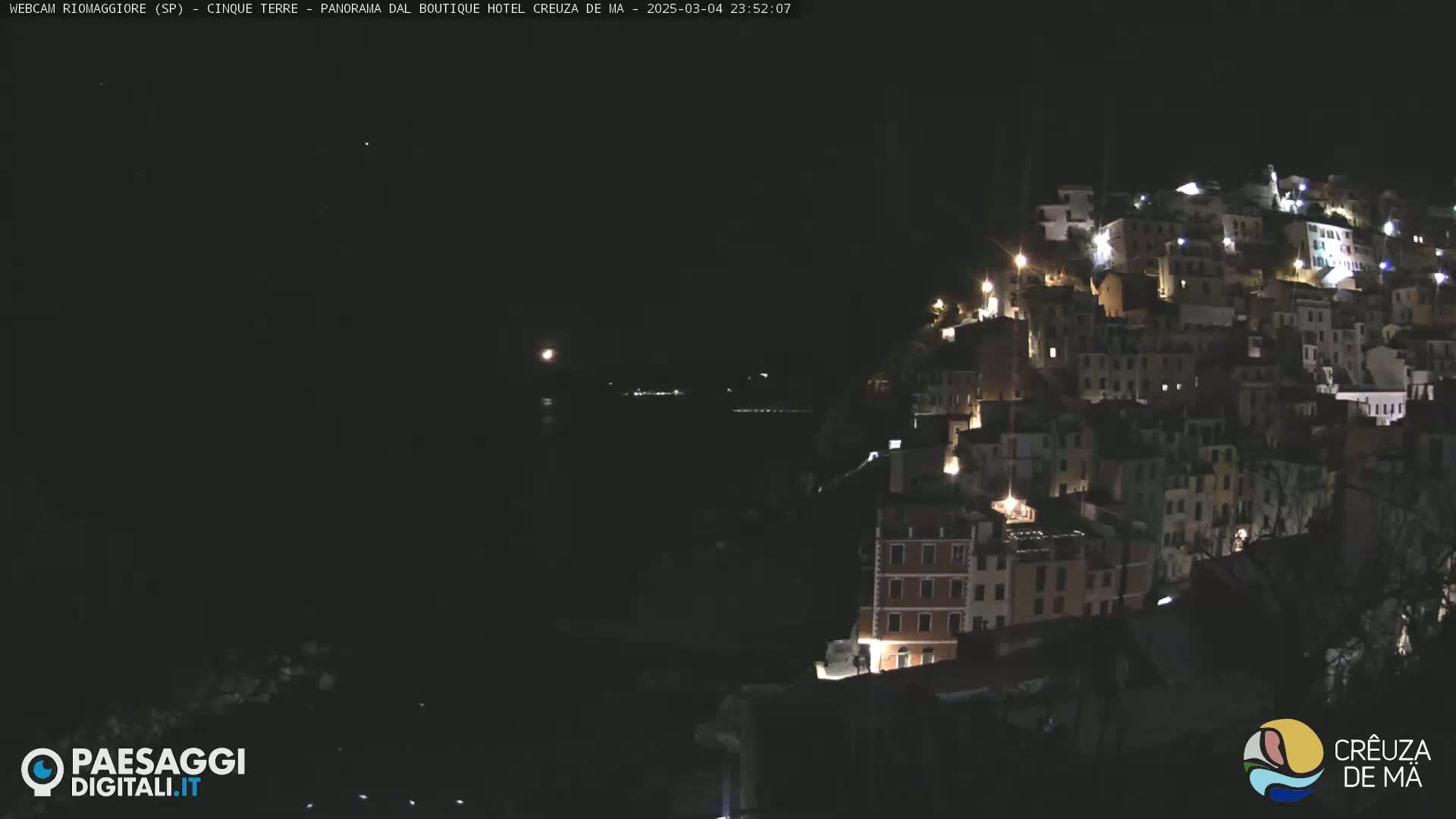 A hillside village is illuminated at night, overlooking a dark body of water under a clear, dark sky.
