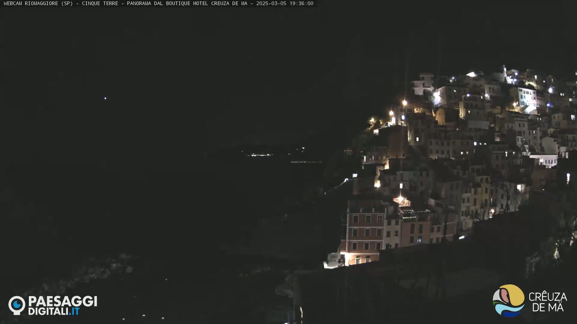 A nighttime view of a hillside town illuminated by lights, overlooking a dark body of water under a clear, dark sky.