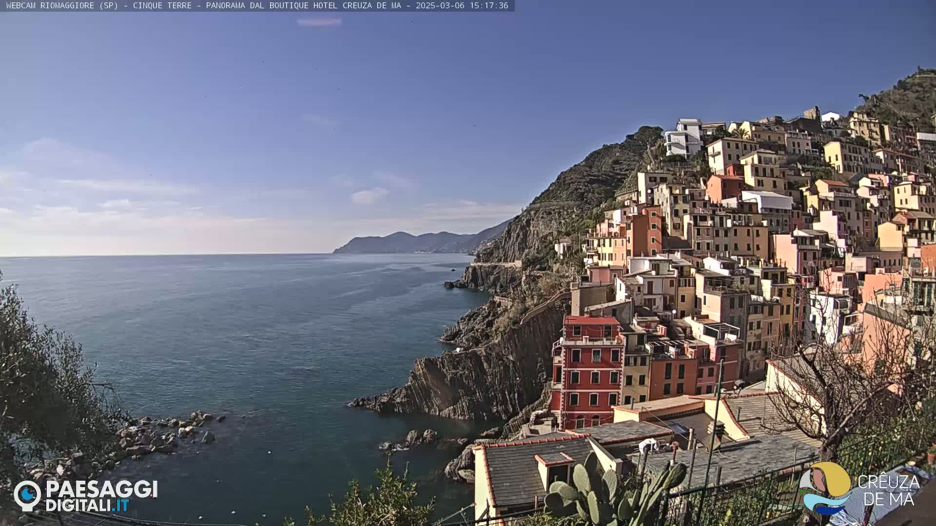 A colorful village clings to a steep cliff overlooking a calm blue sea under a clear sky.