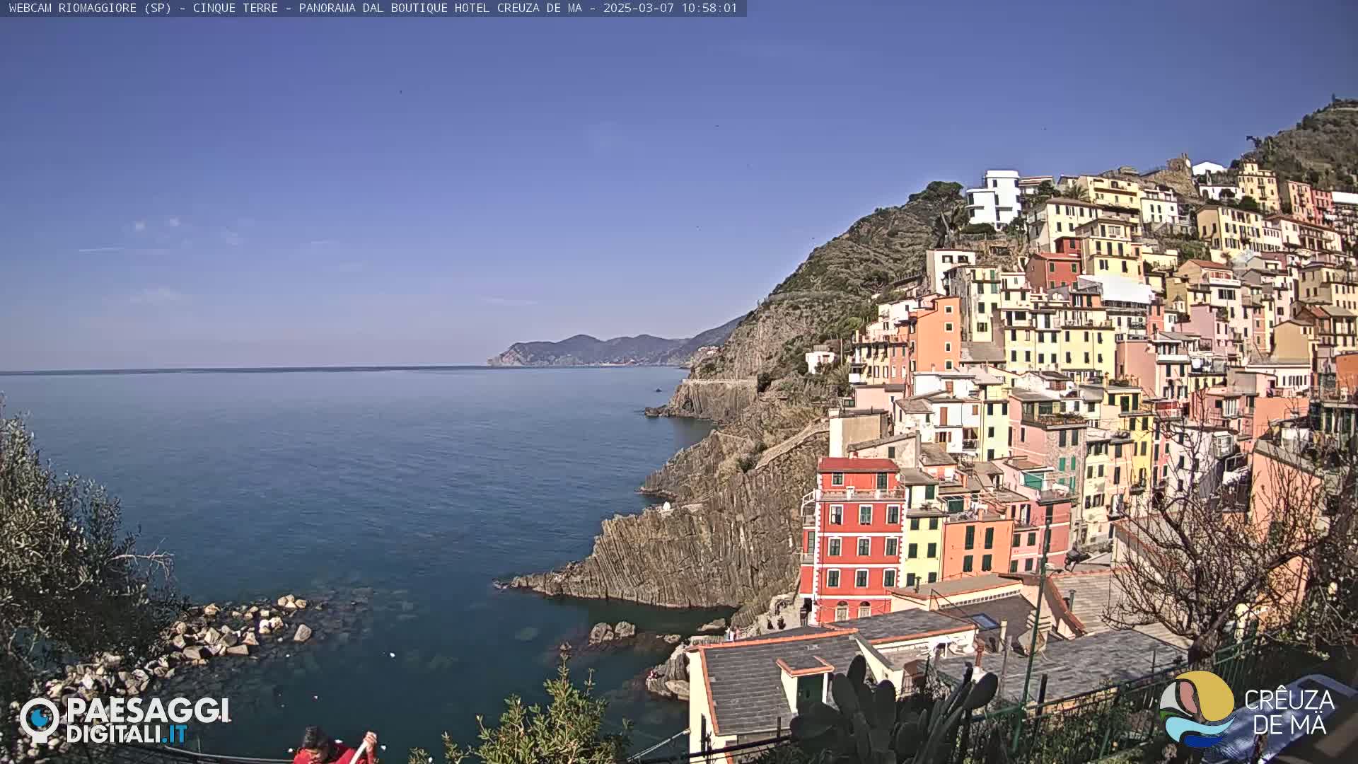 A colorful village clings to a steep, rocky hillside overlooking a calm blue sea under a clear sky.