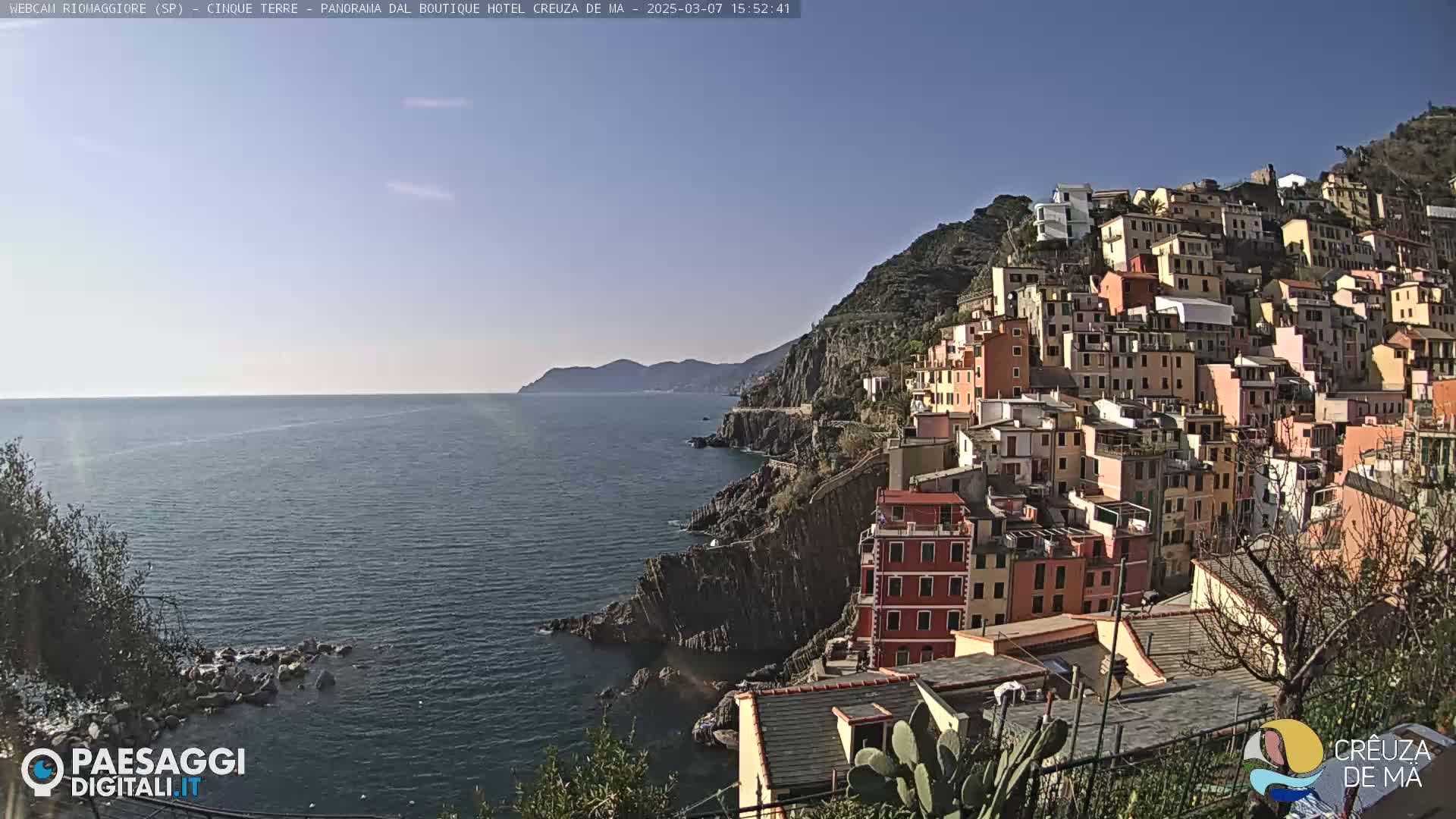 A coastal town with colorful buildings stacked on a hillside overlooks a calm blue sea under a clear sky.
