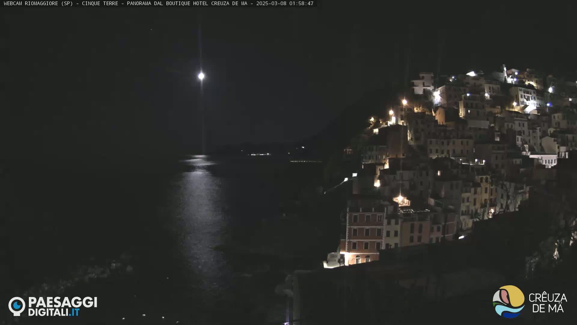 A moonlit night scene shows a hillside village illuminated with lights overlooking a dark body of water.