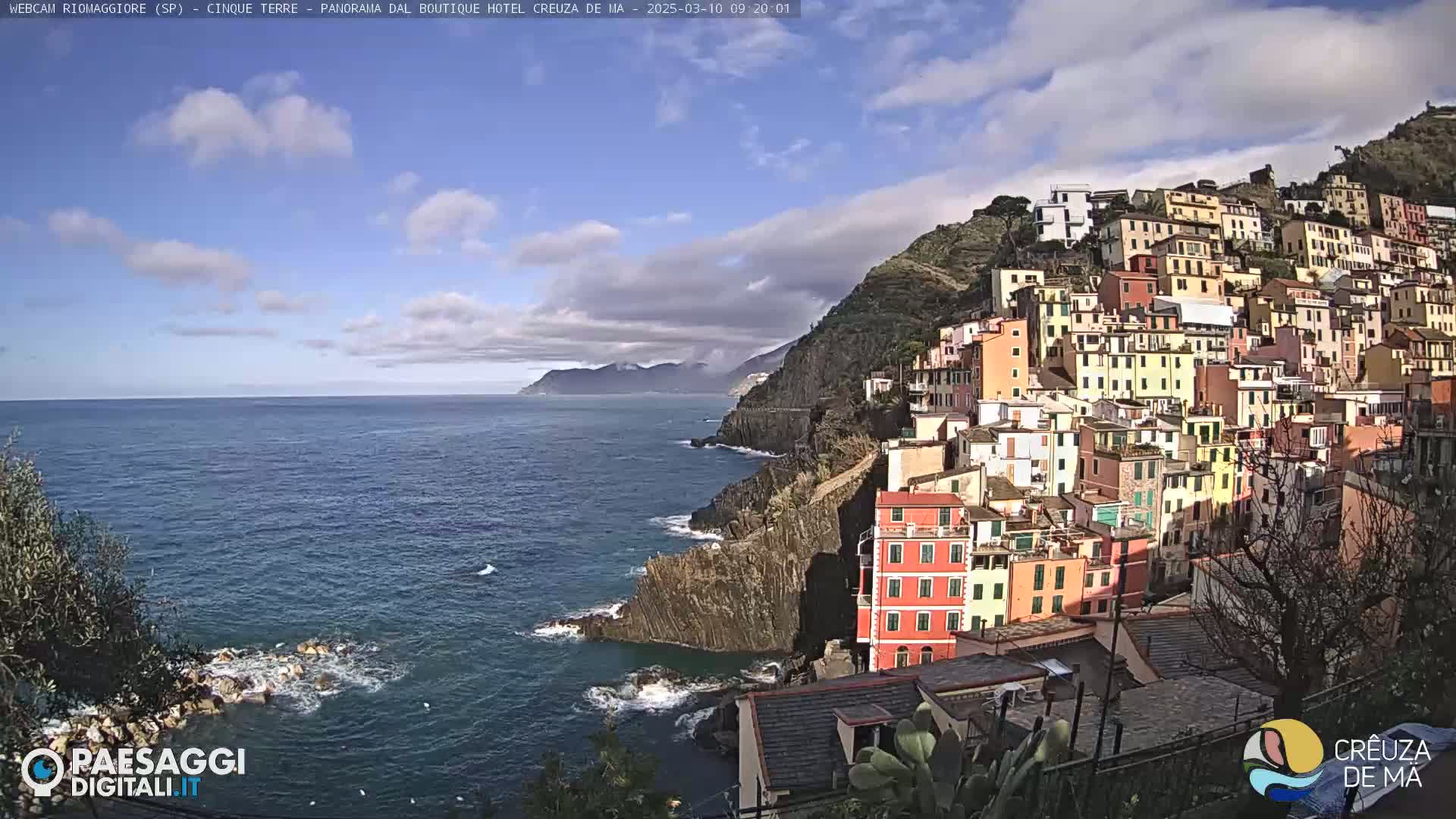A colorful village clings to a steep cliffside overlooking a calm, blue sea under a partly cloudy sky.
