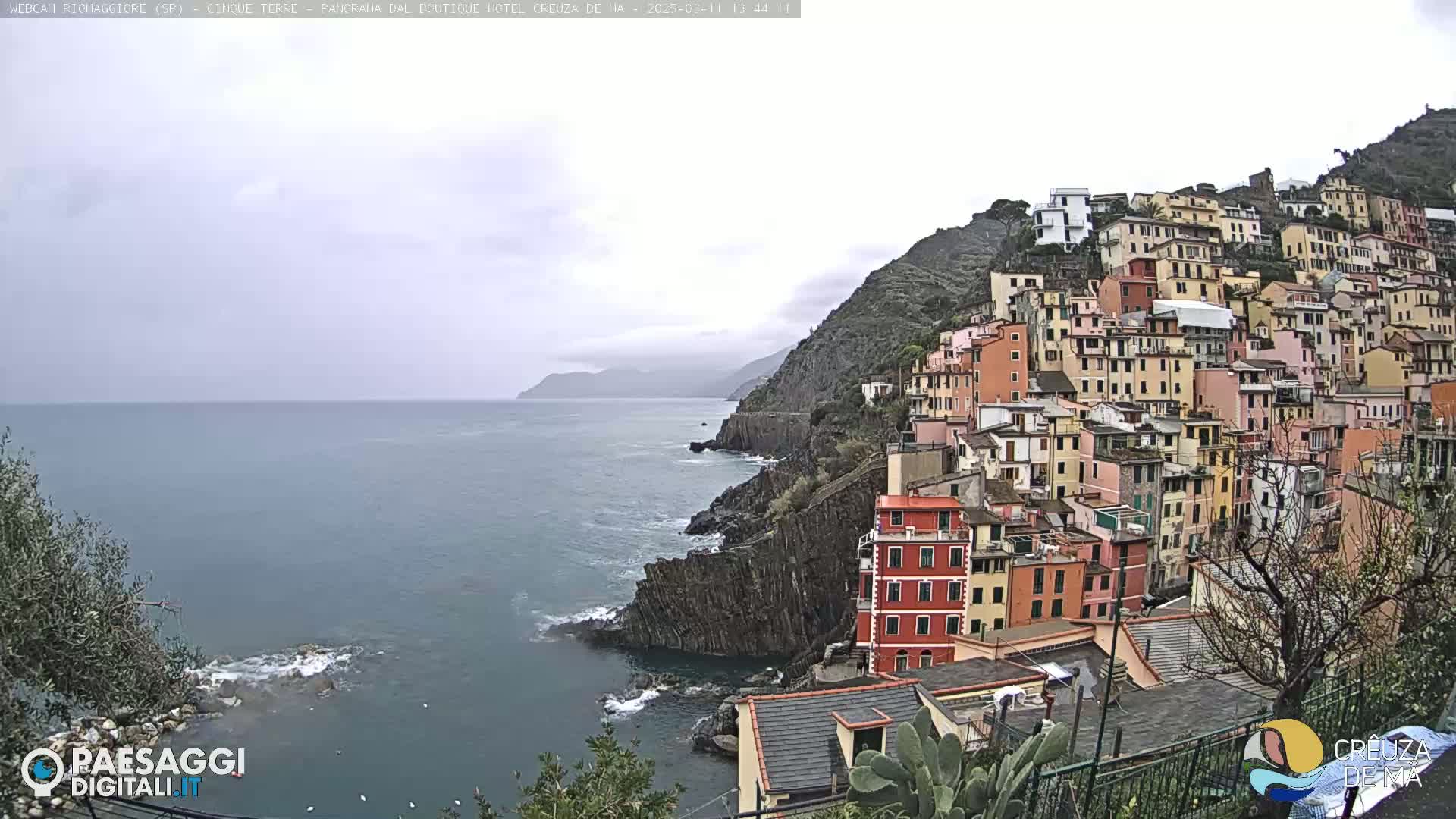 A coastal town of colorful buildings climbs a steep hillside overlooking a calm, gray sea under an overcast sky.