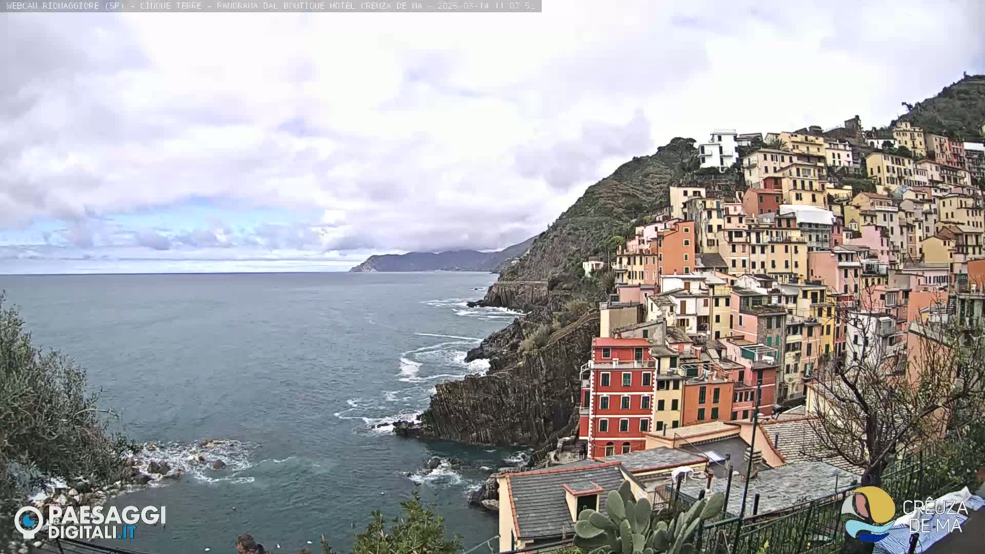 A coastal village of colorful buildings clings to a steep hillside overlooking a choppy sea under a cloudy sky.
