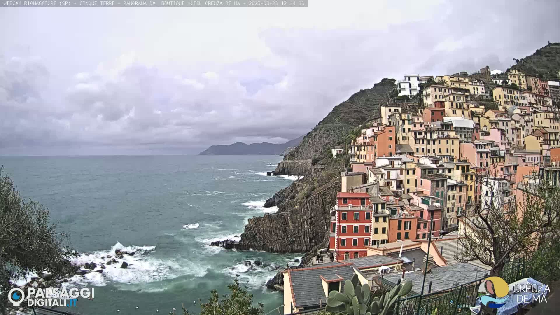 A colorful hillside village overlooks a rocky coastline and a choppy sea under a cloudy sky.