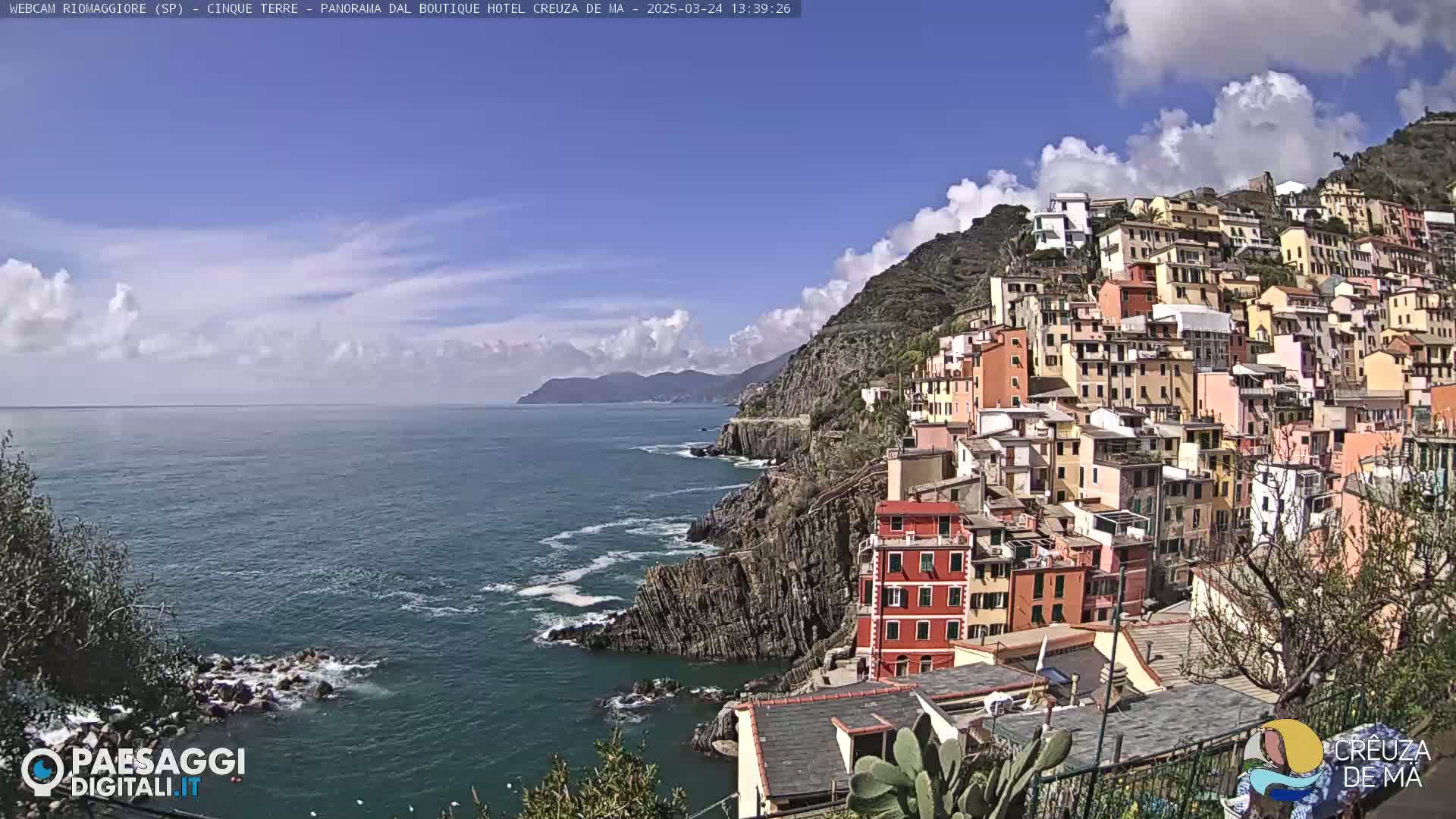 A coastal town with colorful buildings clinging to a steep cliff overlooking a calm sea under a partly cloudy sky.