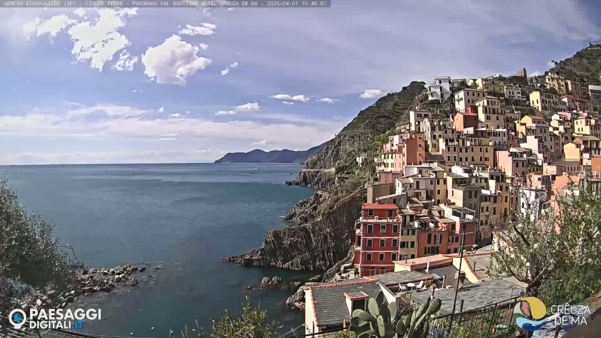 A coastal town of colorful buildings climbs a steep hillside overlooking a calm sea under a partly cloudy sky.