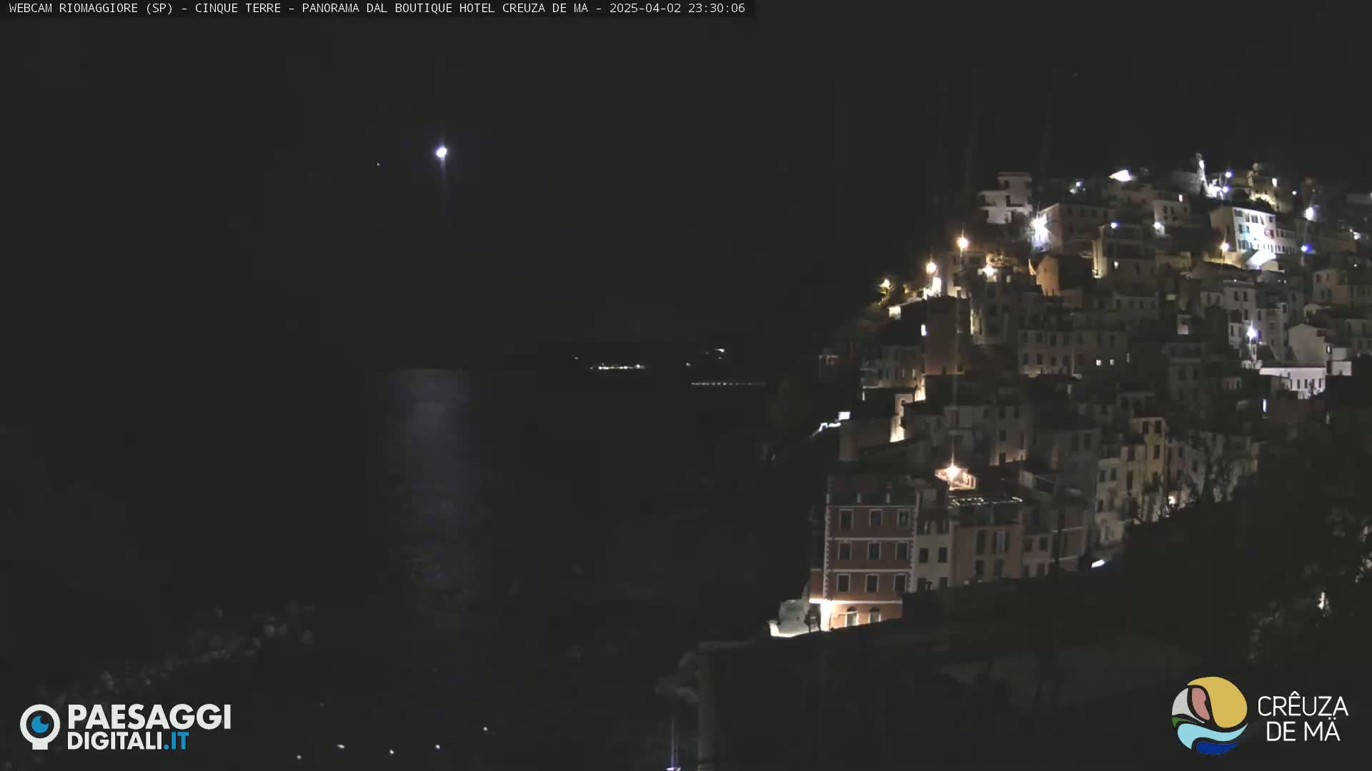 A nighttime view of a brightly lit coastal town nestled on a hillside overlooking a dark body of water under a clear sky.