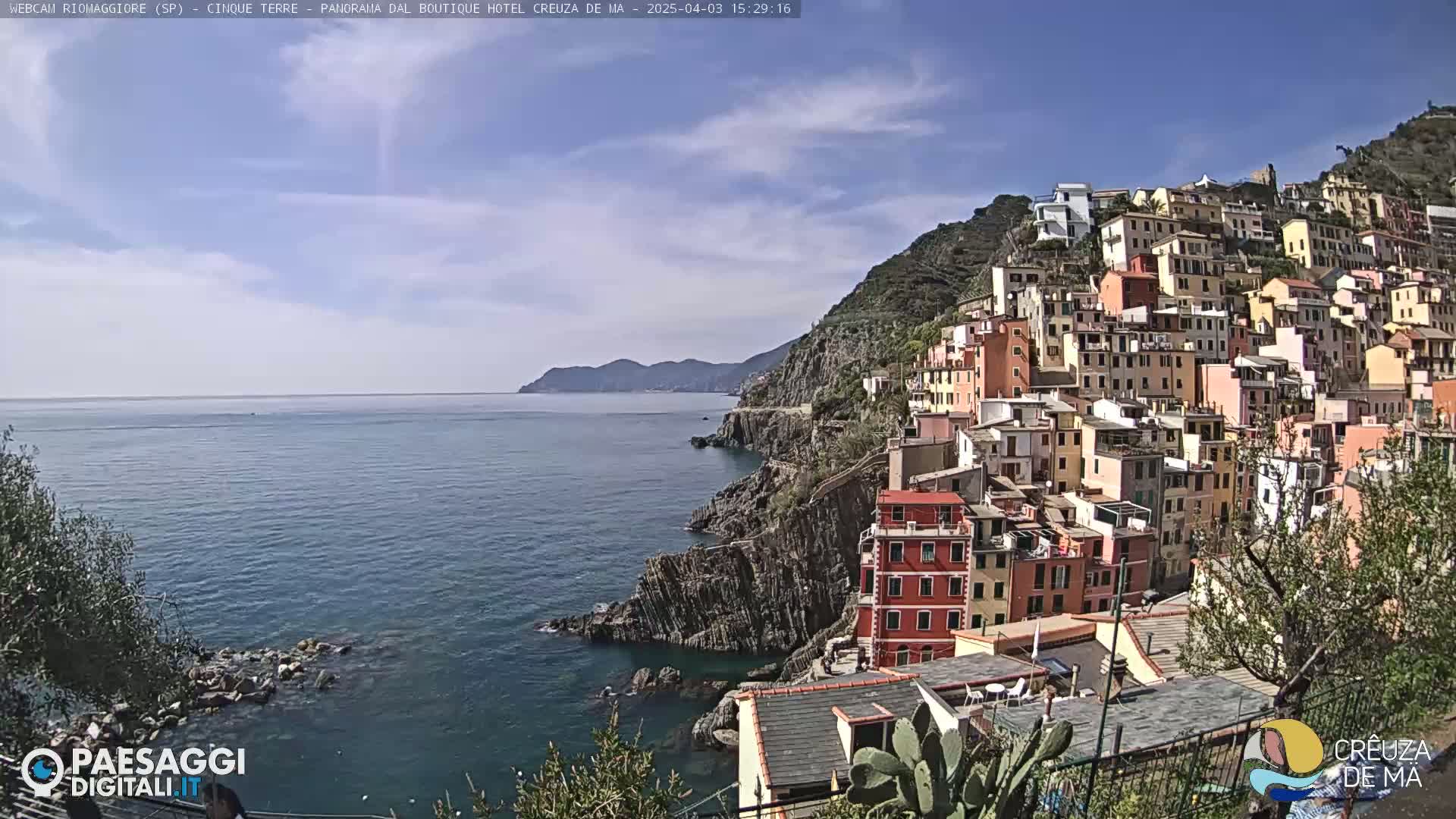 A colorful village clings to a steep cliffside overlooking a calm sea under a partly cloudy sky.