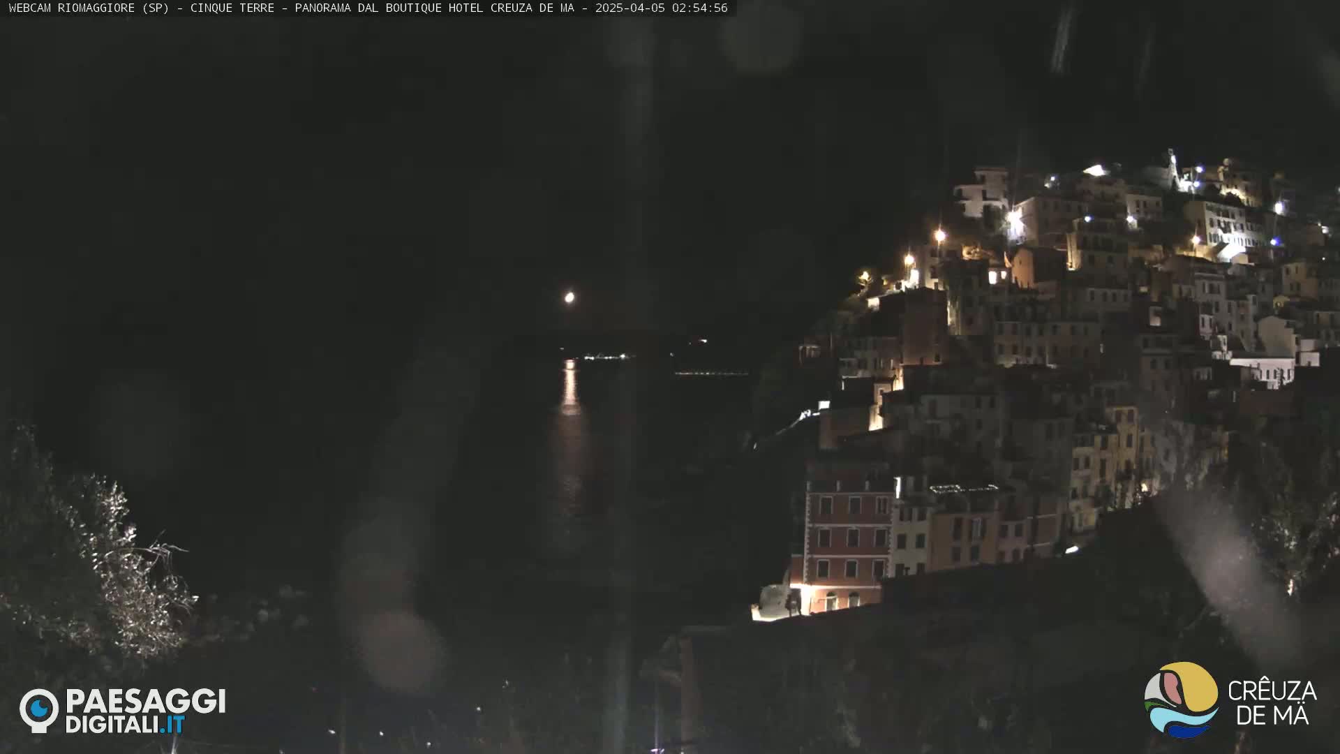 A nighttime view of a hilltop town illuminated by lights, overlooking a dark body of water under a mostly clear sky.