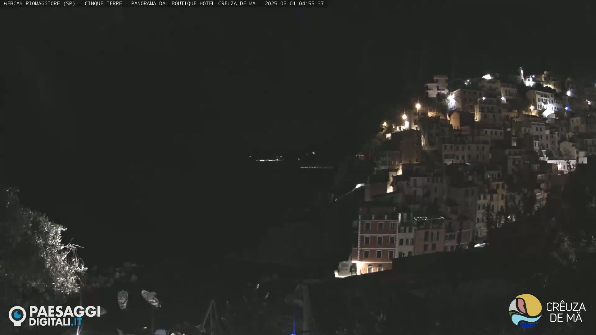 A nighttime view of a hillside village illuminated by lights, overlooking a dark body of water under a clear sky.