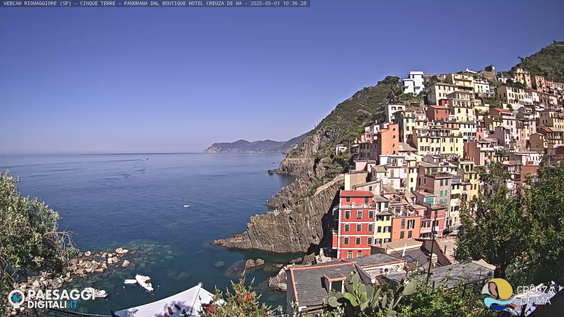 A colorful hillside village overlooks a calm, blue sea on a sunny day.