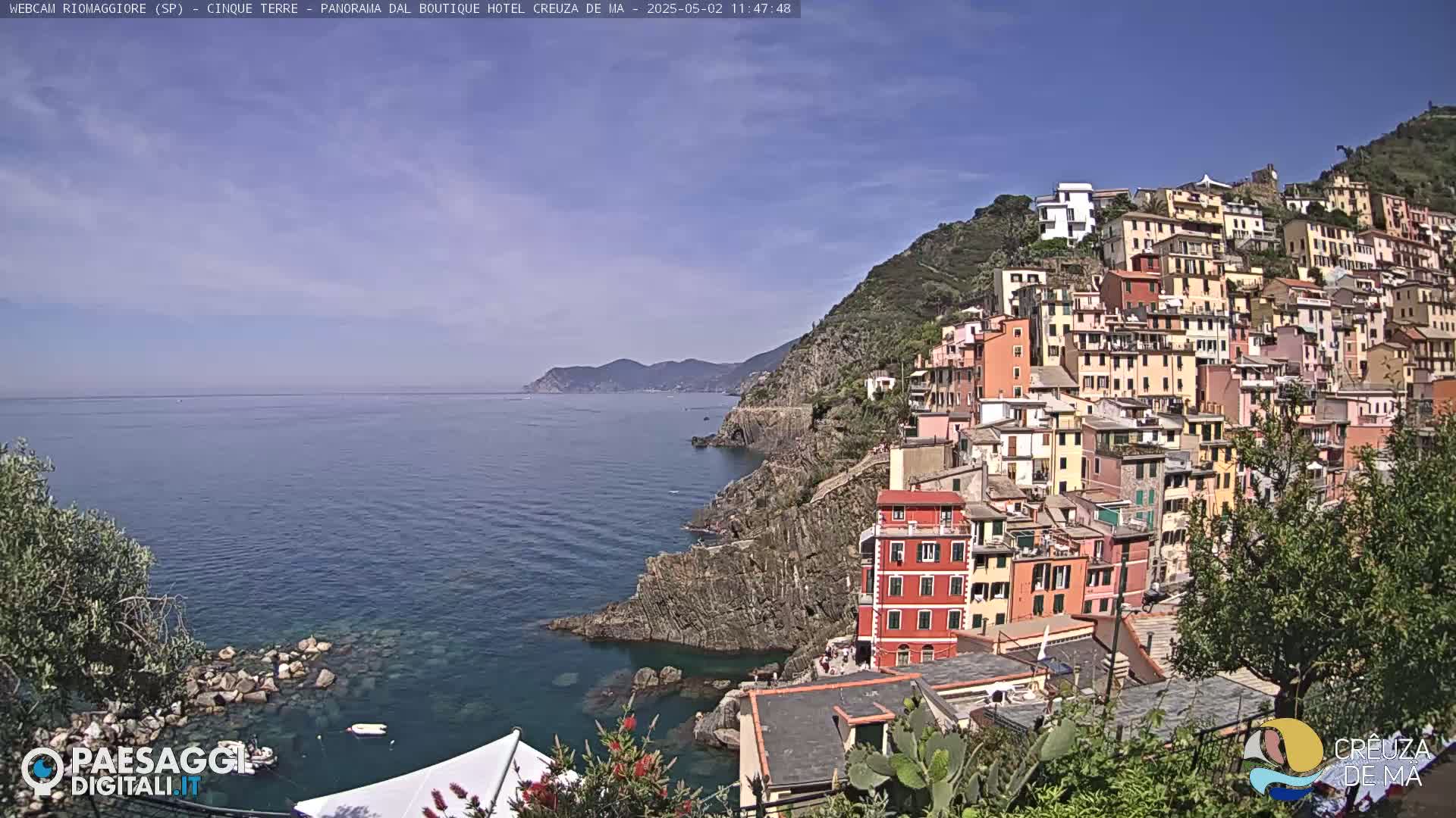 A colorful hillside village clings to a rocky coastline overlooking a calm blue sea under a mostly clear sky.