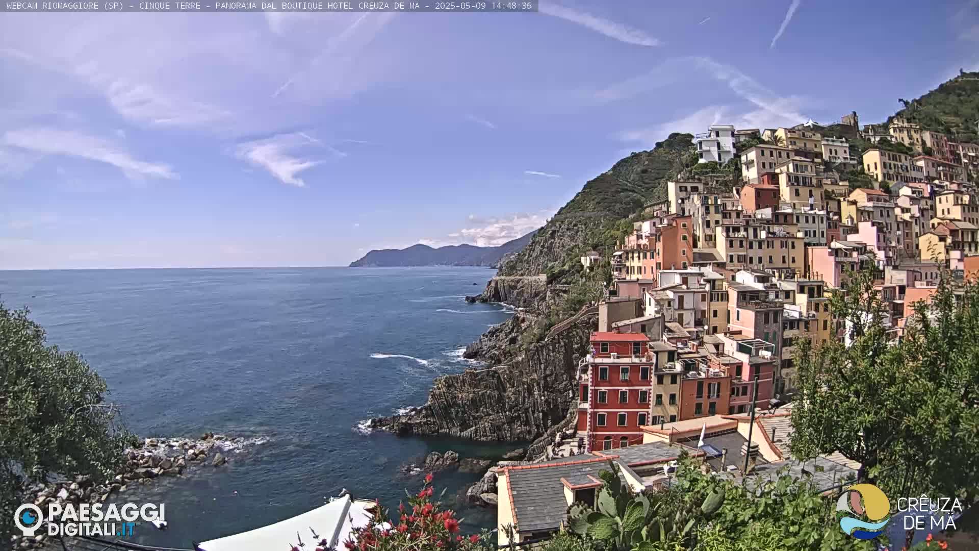 A colorful village clings to a steep hillside overlooking a calm blue sea under a mostly sunny sky.