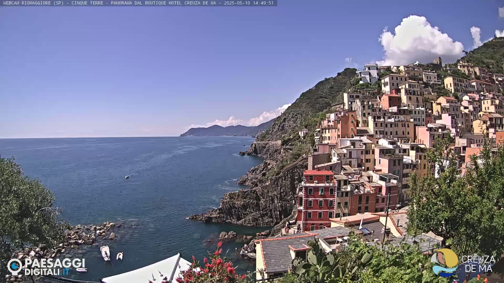 A colorful hillside village clings to a rocky coast overlooking a calm blue sea under a partly cloudy sky.