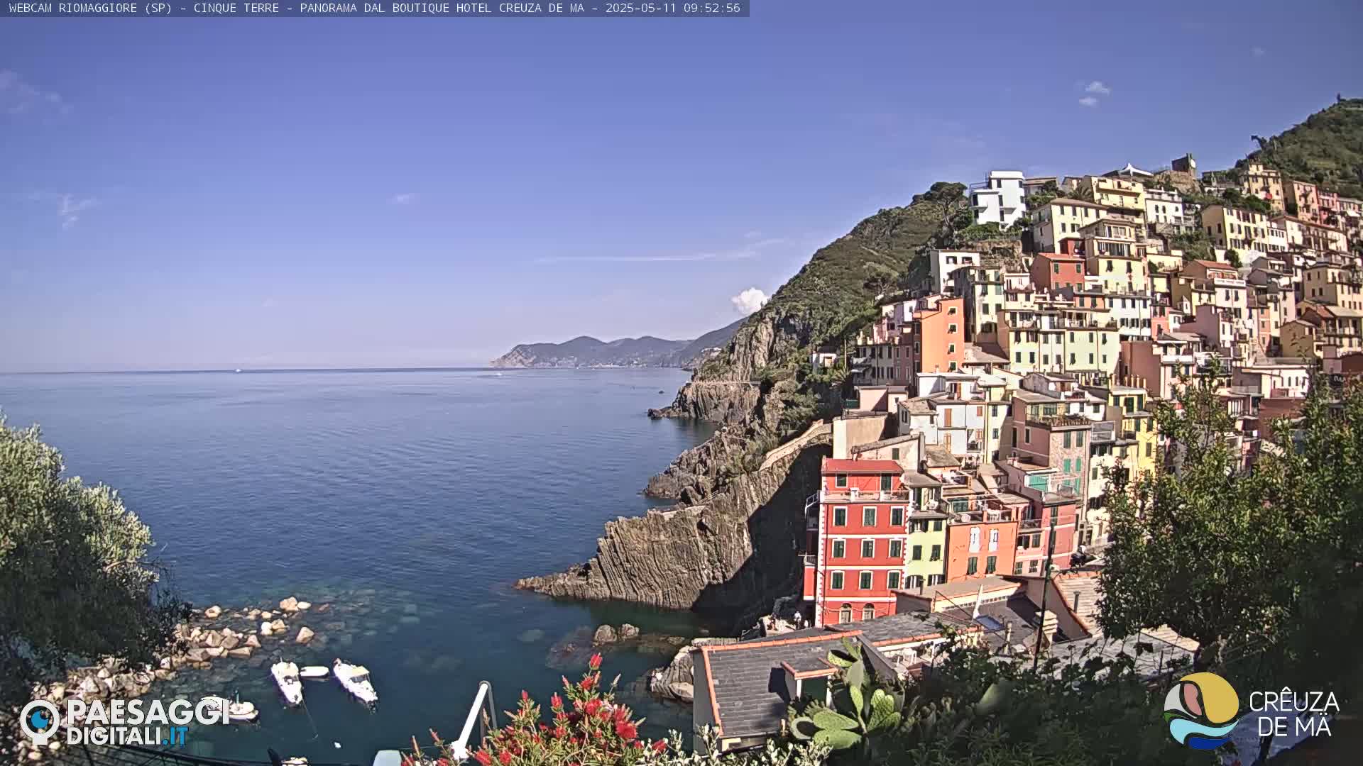 A colorful hillside village overlooks a calm, blue sea on a clear, sunny day.