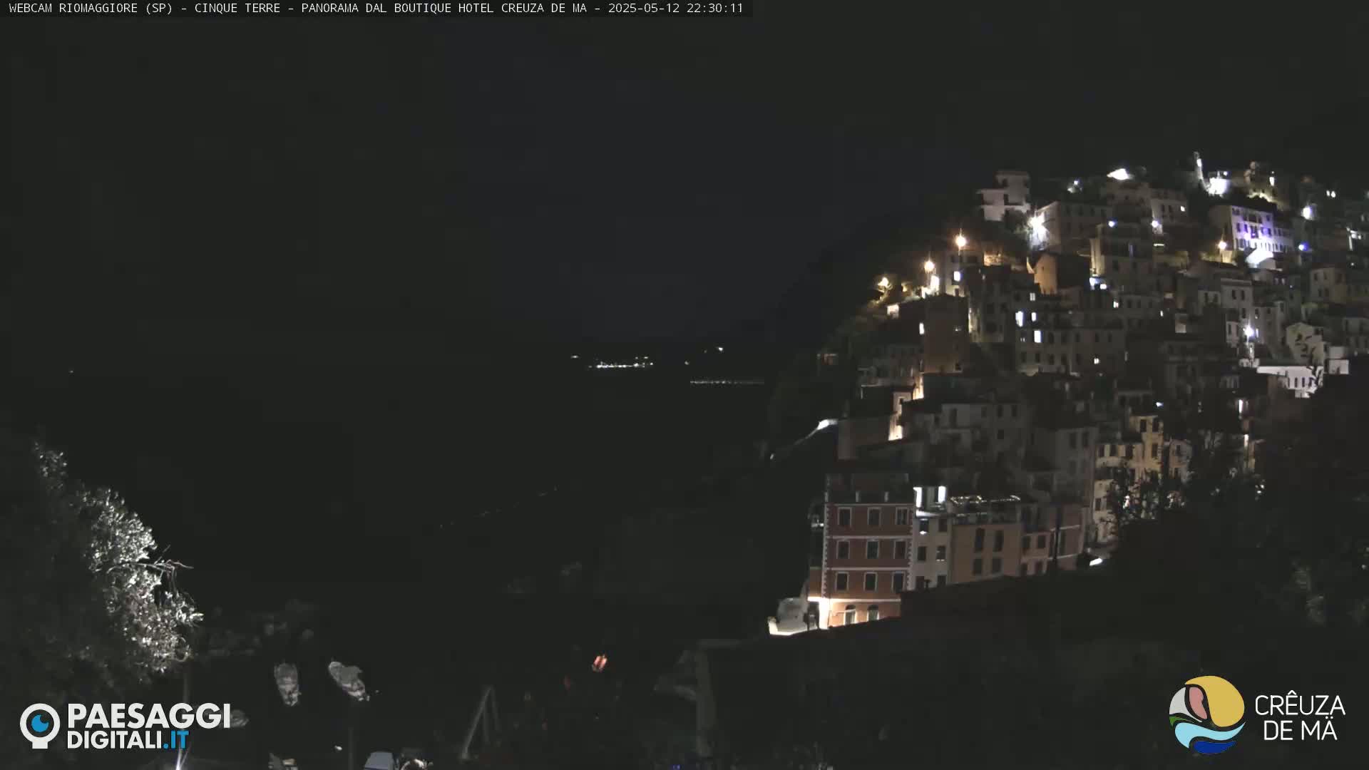 A nighttime view of a hilltop town illuminated by lights, overlooking a dark body of water under a clear night sky.