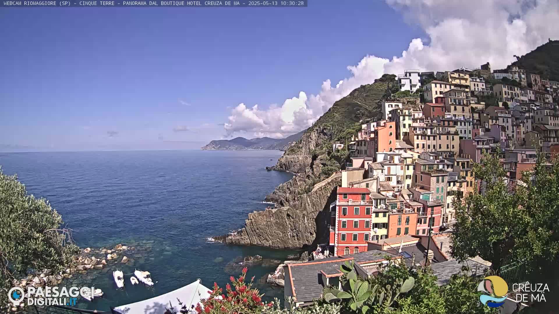 A colorful hillside village clings to a rocky coastline overlooking a calm, blue sea under a partly cloudy sky.