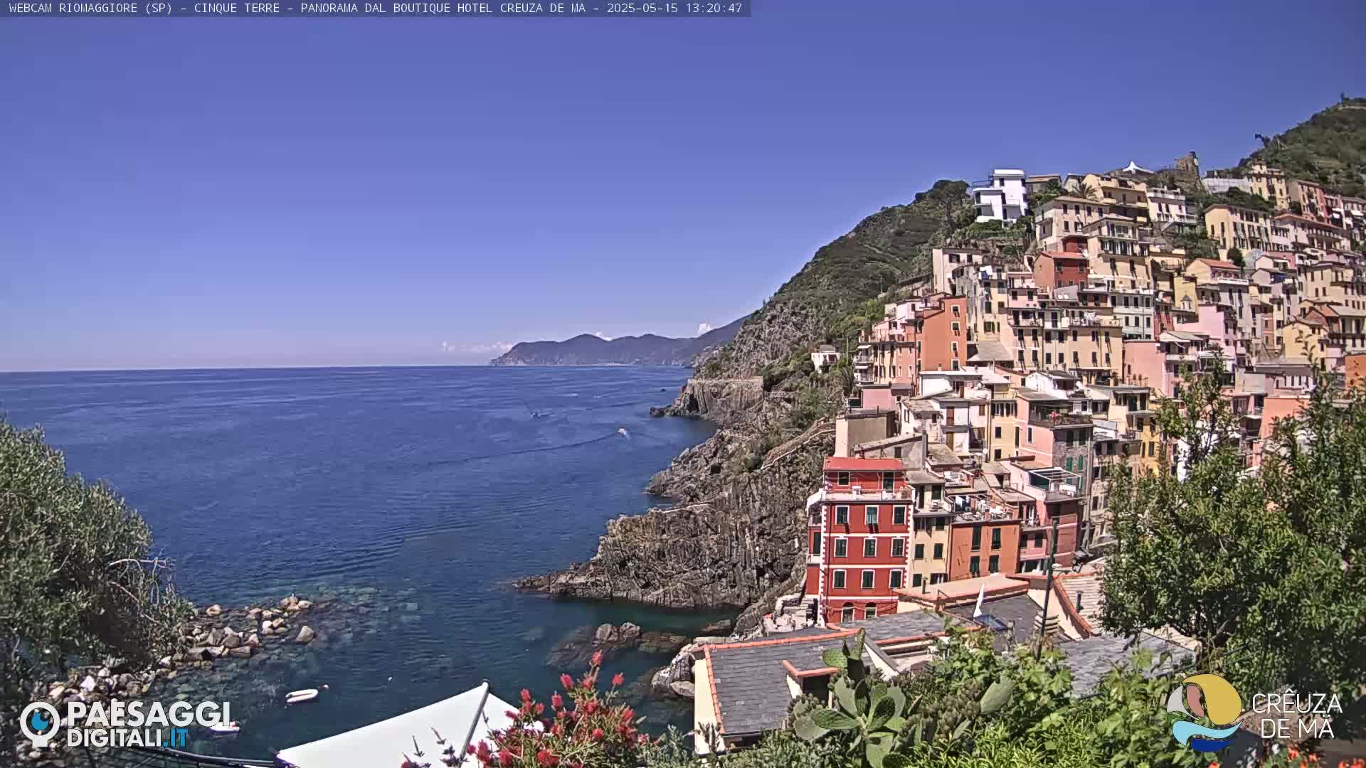 A colorful village clings to a steep cliffside overlooking a calm blue sea under a clear blue sky.