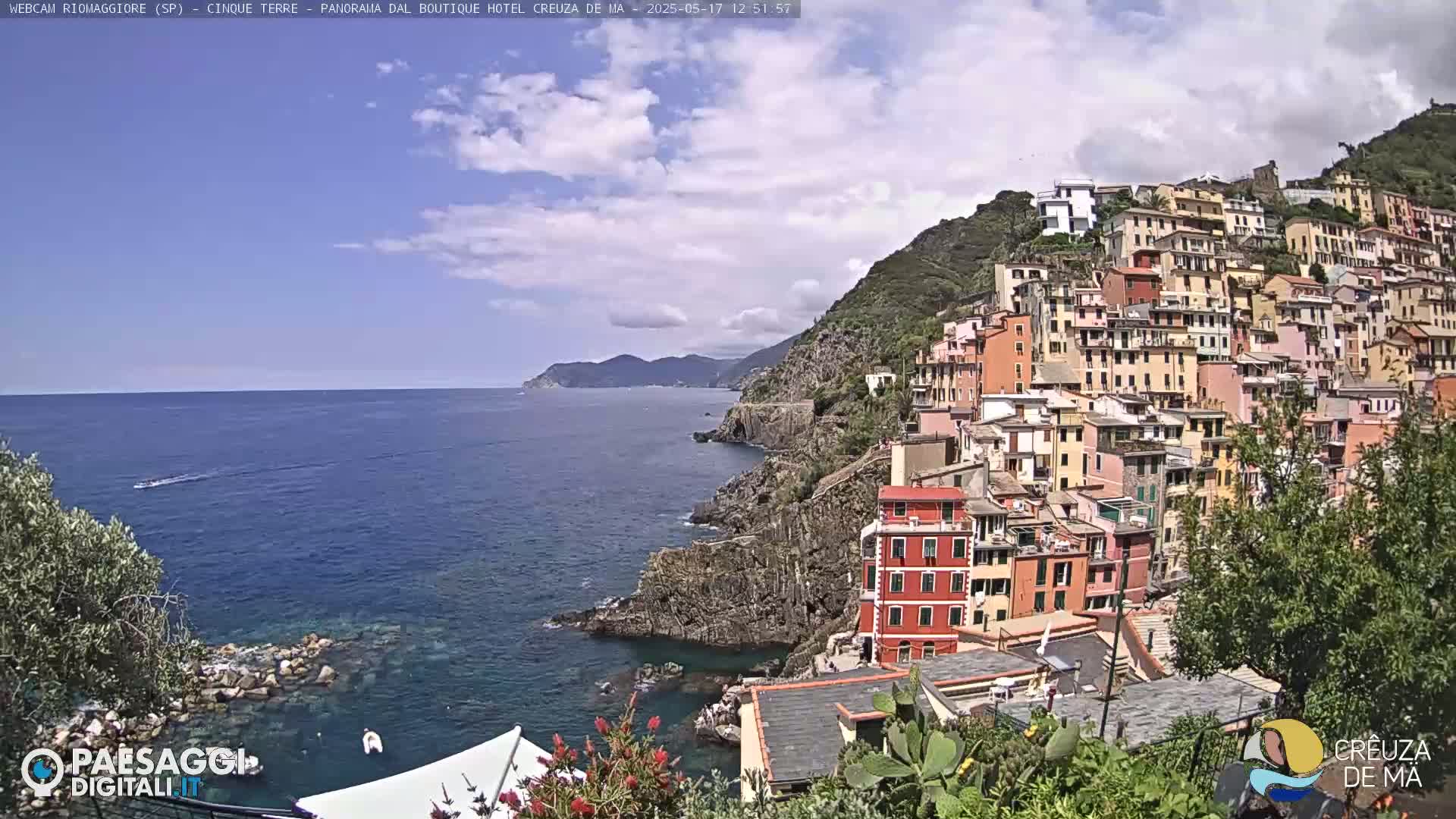 A colorful village clings to a steep hillside overlooking a calm blue sea under a partly cloudy sky.