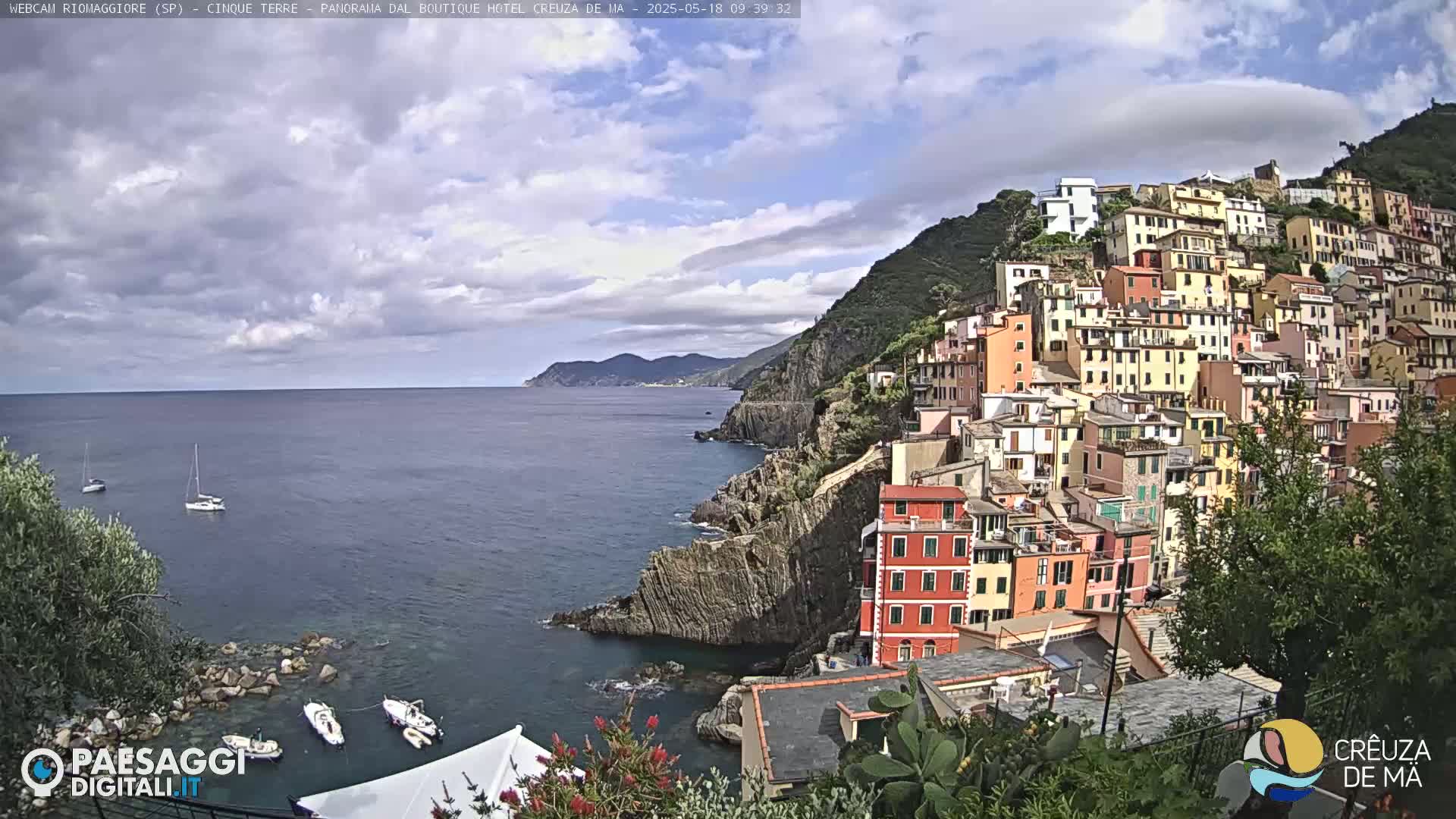 A colorful village clings to a steep hillside overlooking a calm sea with a few sailboats under a partly cloudy sky.