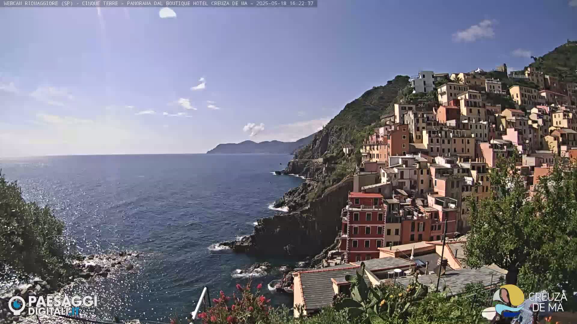 A colorful village clings to a steep hillside overlooking a calm blue sea under a mostly sunny sky.