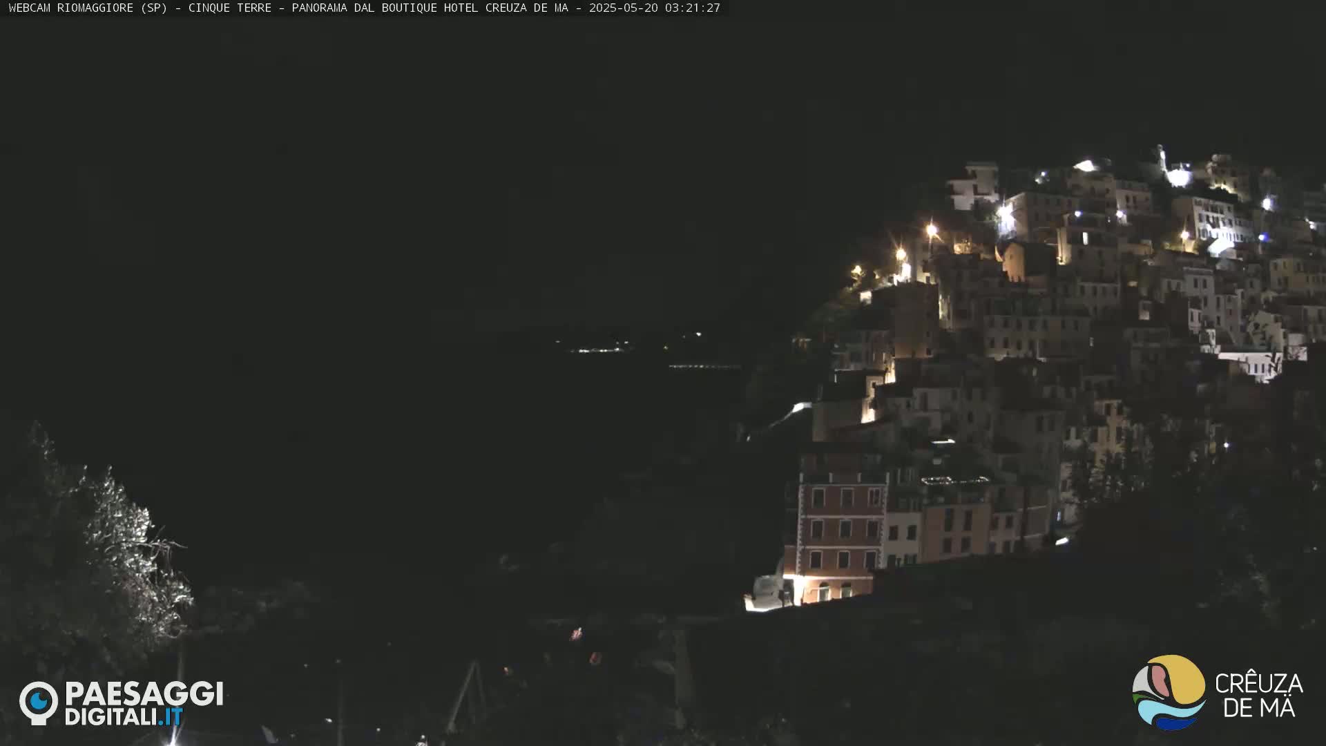 A nighttime view of a hillside village illuminated by lights, overlooking a dark body of water under a clear sky.