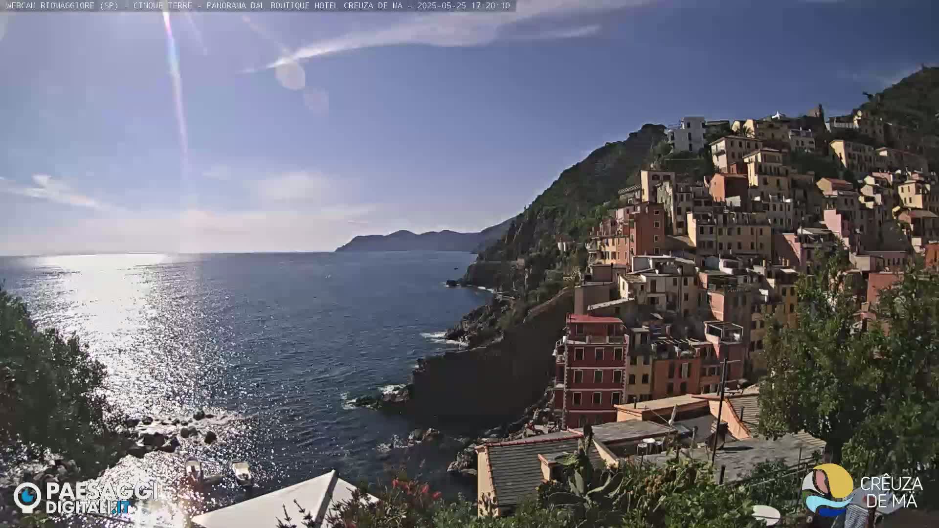 A coastal village of colorful buildings clinging to a hillside overlooks a calm, sunlit sea under a clear blue sky.