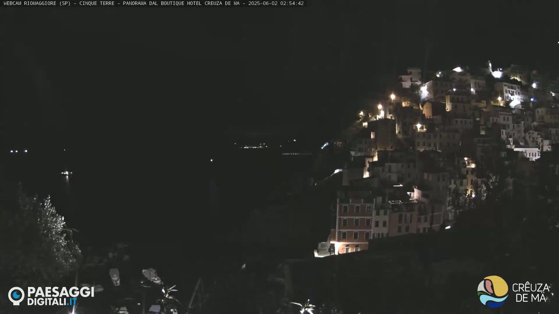 A nighttime long shot of a hilltop town illuminated by lights, overlooking a dark body of water under a clear, dark sky.