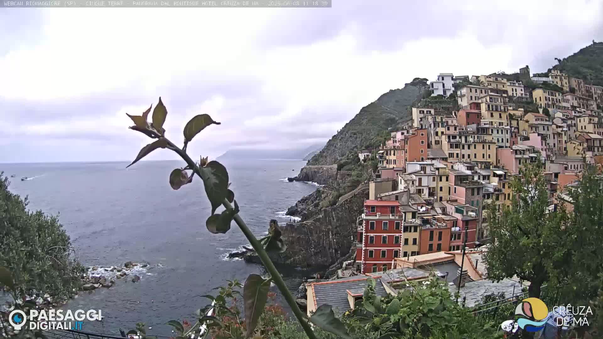 A coastal town with colorful buildings clinging to a hillside overlooking a calm sea under an overcast sky.