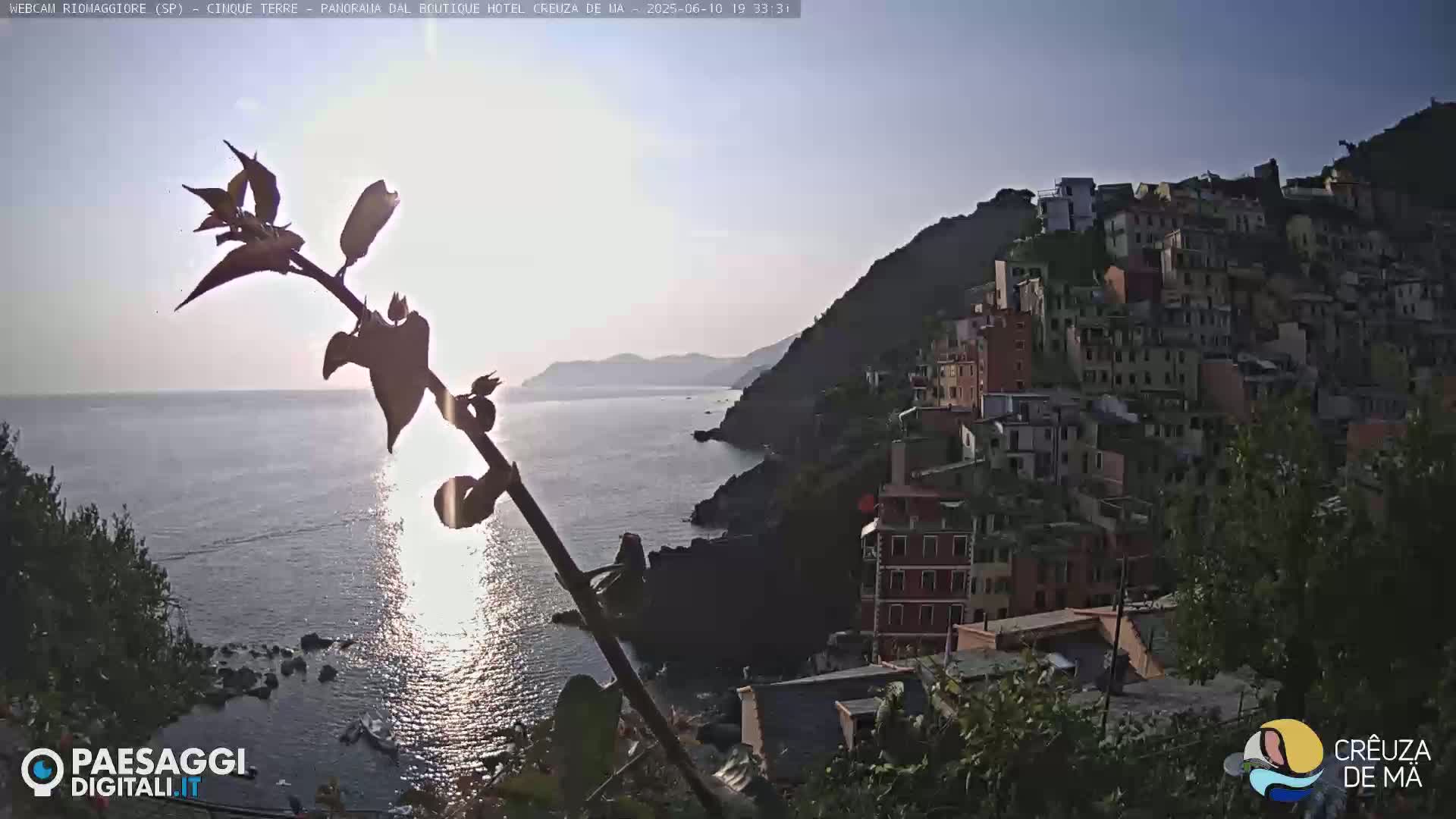 A sunlit coastal scene shows a hillside village overlooking a calm sea, with a plant silhouetted in the foreground.