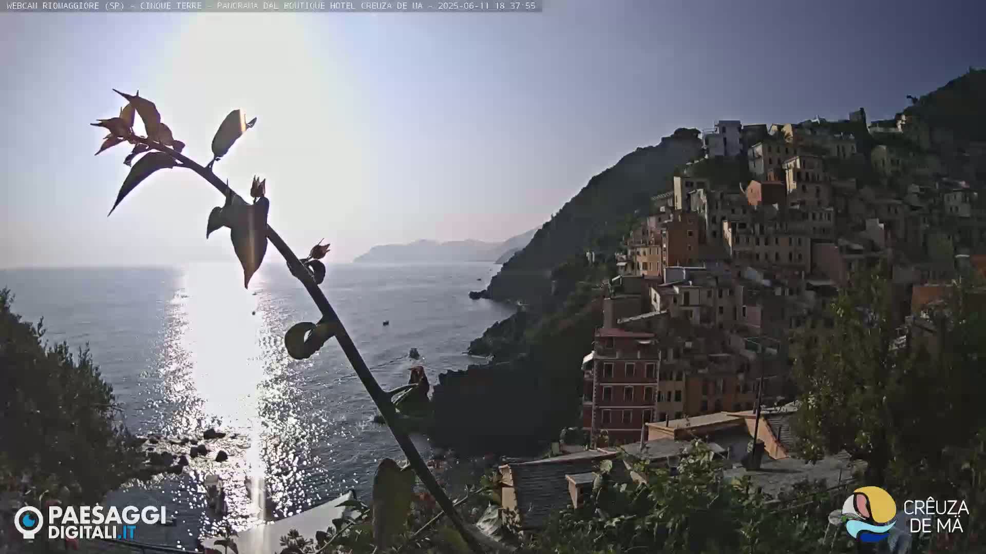 A coastal village clings to a hillside overlooking a calm, sunlit sea, with a plant in the foreground.