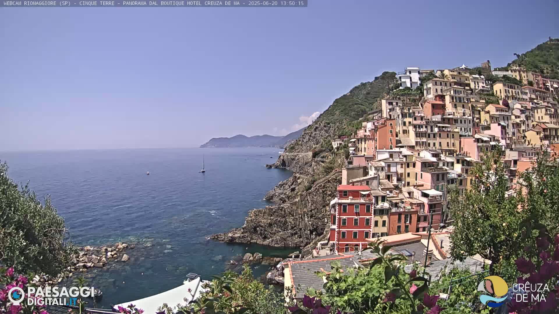 A colorful village clings to a steep, rocky hillside overlooking a calm, blue sea on a sunny day.