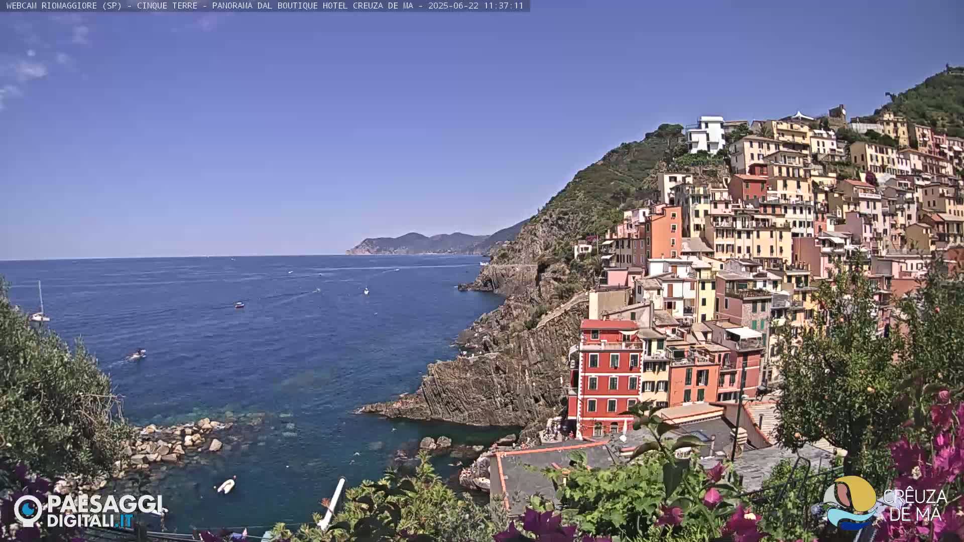 A colorful hillside village overlooks a calm, blue ocean under a clear, sunny sky.
