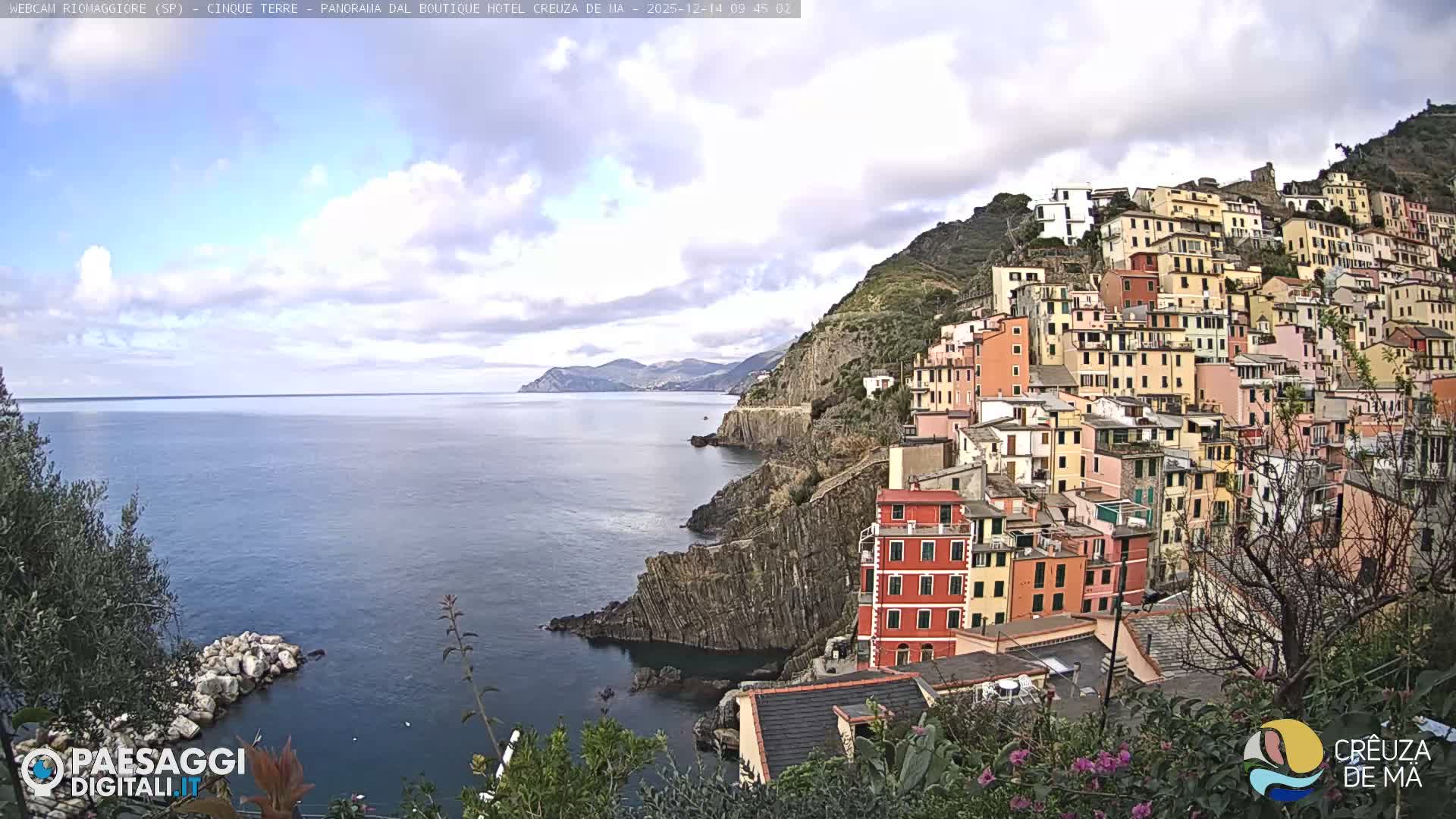 The image shows a vibrant, colorful town built into a steep, green hillside overlooking a rocky coastline and the sea under an overcast sky.